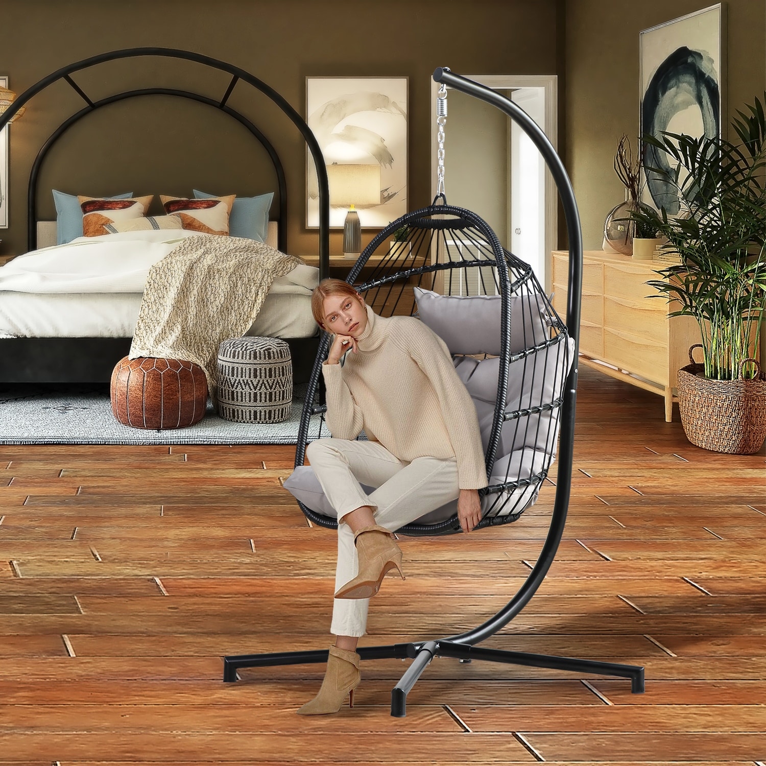 Indoor Outdoor Patio Hanging Egg Chair Wicker Swing Hammock Chair With Stand