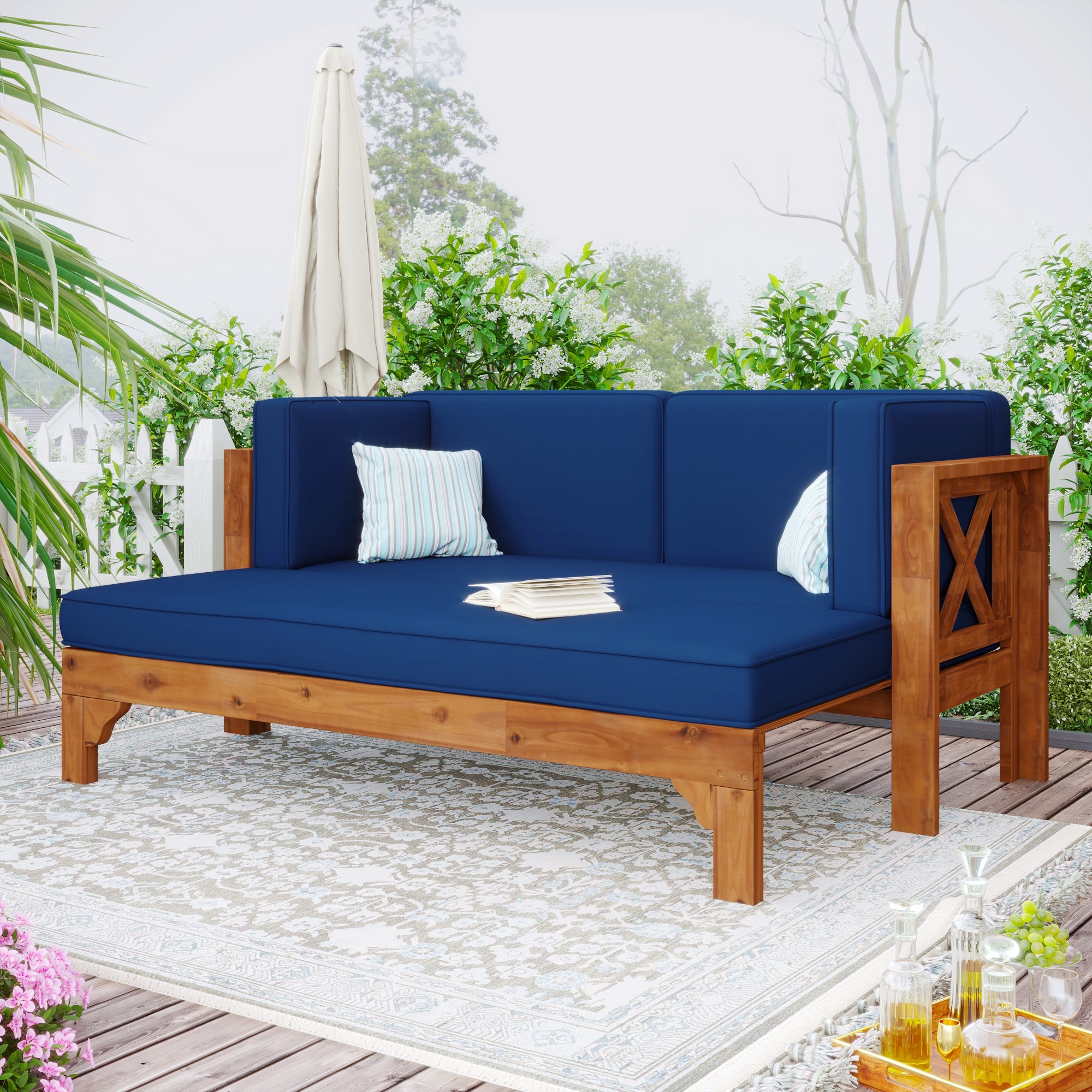Outdoor Wood Sectional Furniture Set With Blue Cushions