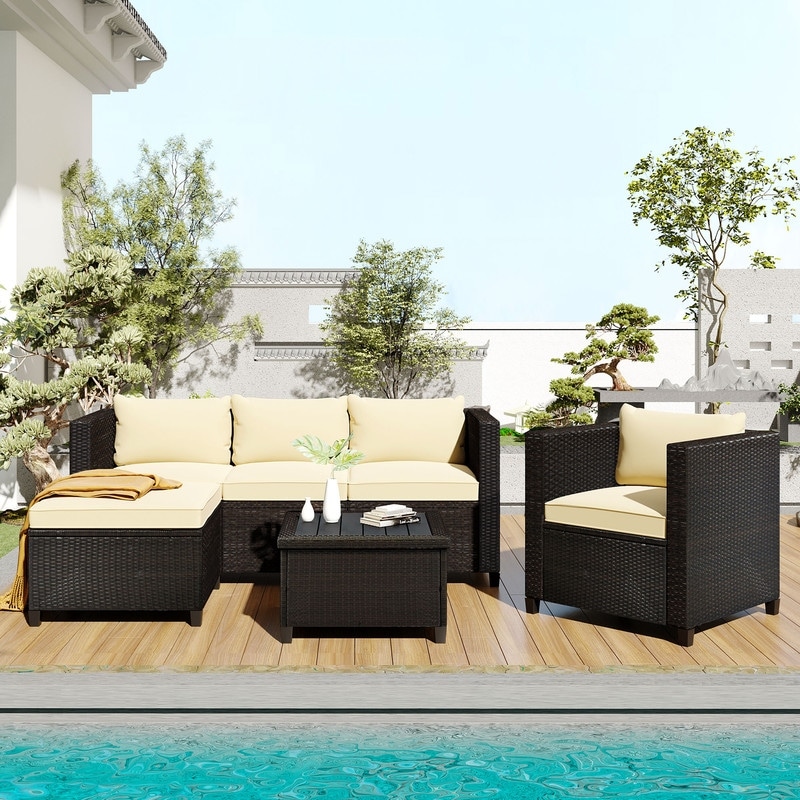 5 Piece Conversation Set Wicker Rattan Sectional Sofa With Cushions
