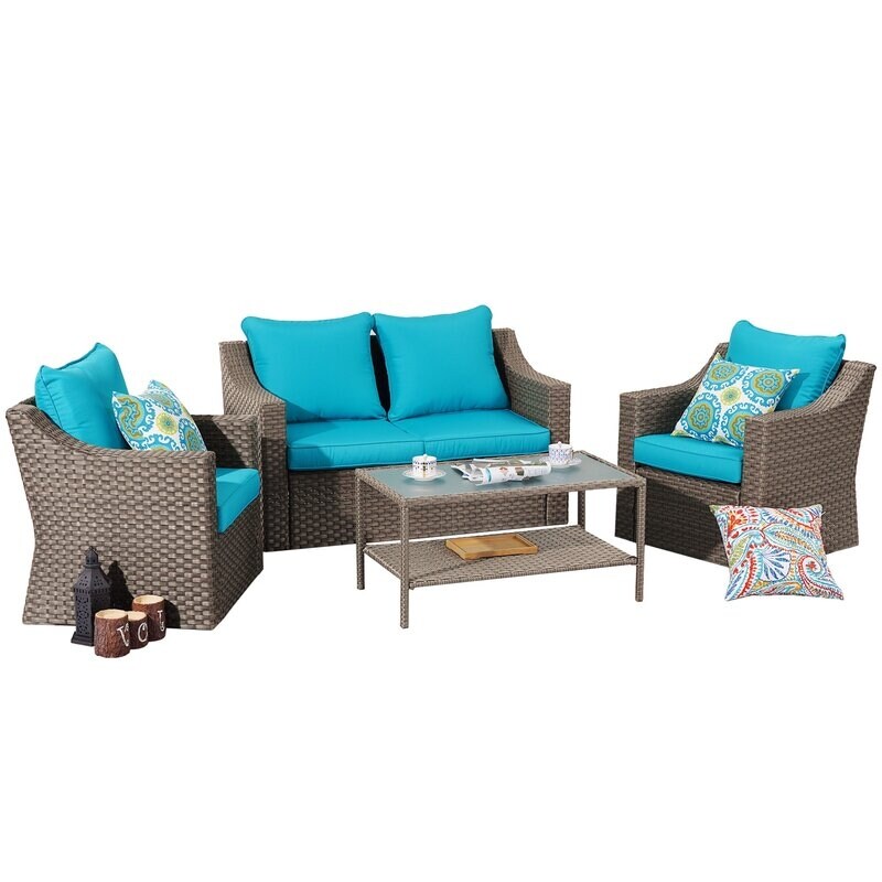 7-pieces Wicker Patio Conversation Set With Blue Cushions - 51.57x26.77x29.13