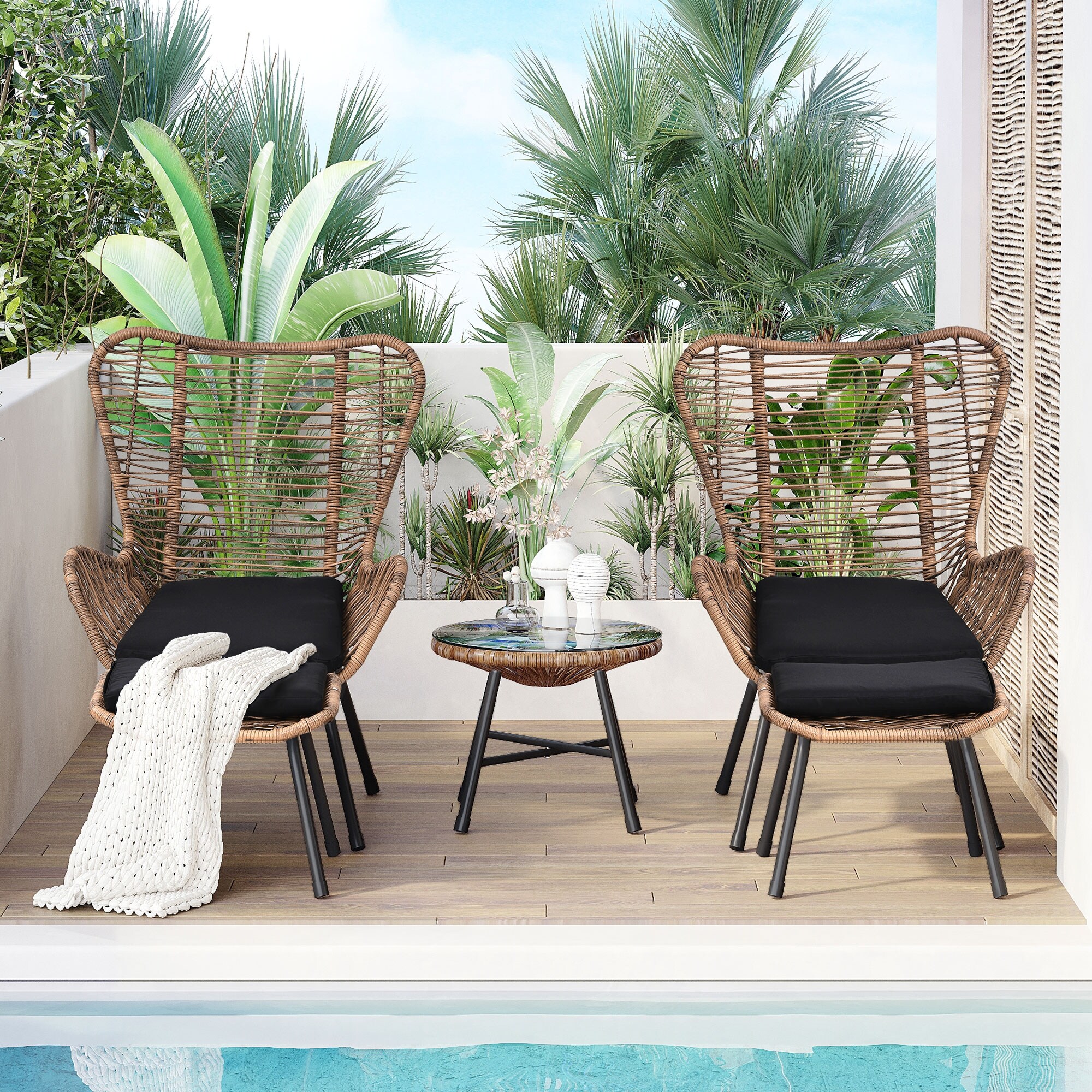 Outdoor 5-piece Wicker Conversation Set With Stools And Tea Table