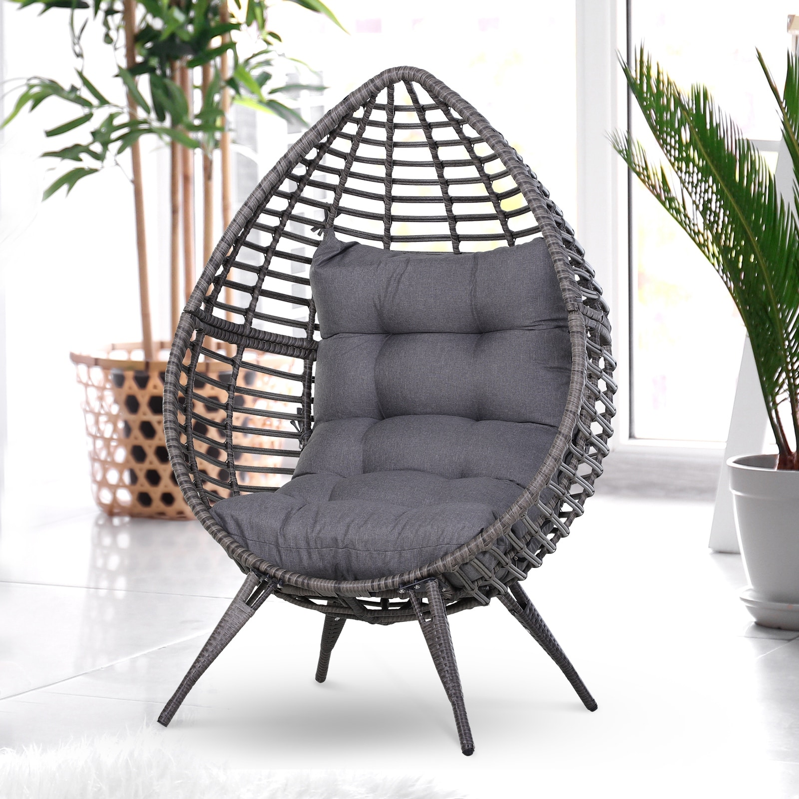 Outsunny Patio Wicker Egg Chair W/ Soft Cushion  Teardrop Cuddle Seat  Outdoor / Indoor Patio Chair