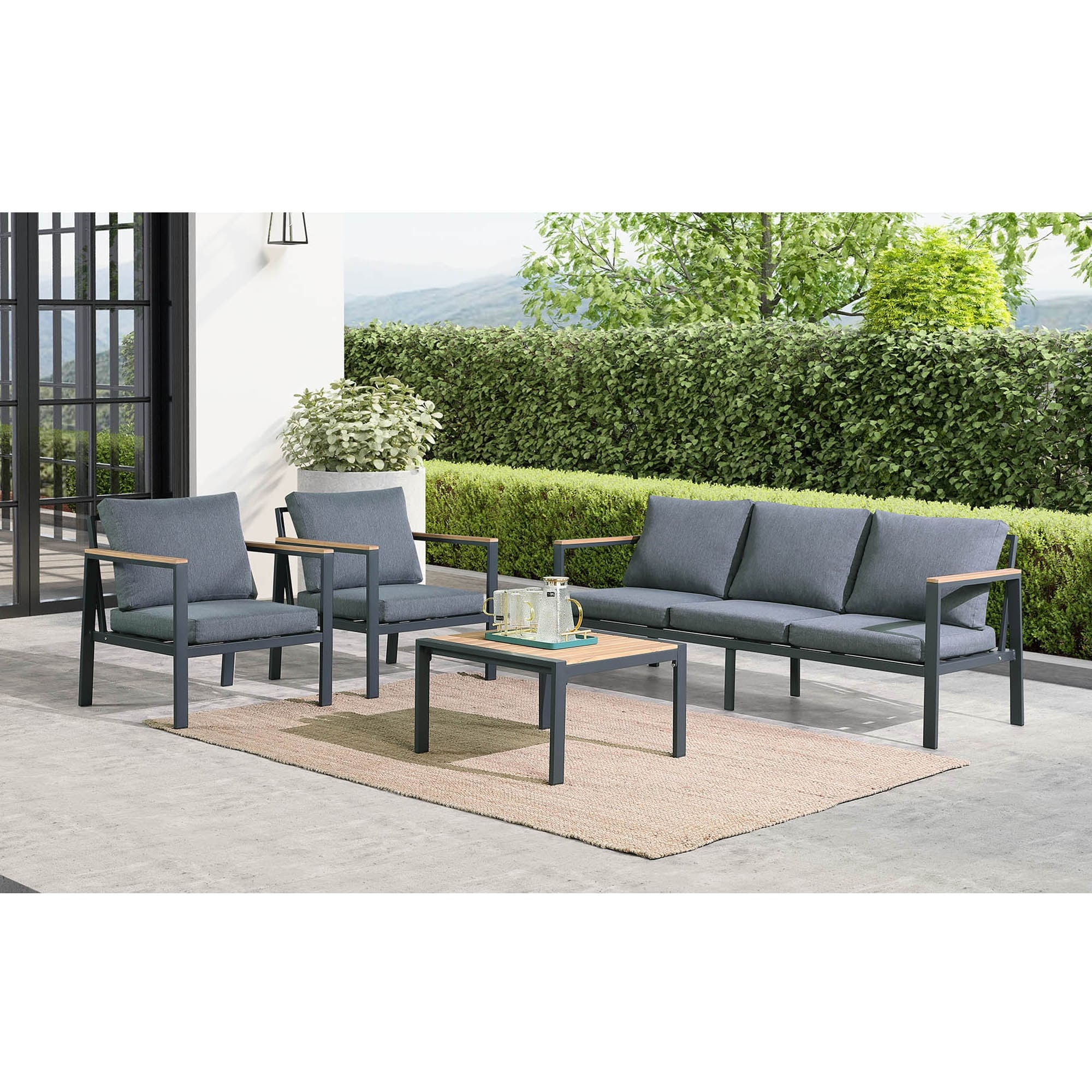 Rossio Outdoor 4 Piece Conversation Set matte Charcoal Aluminum Frame waterproof Fabric Cover With Slatted Teak Wood Top