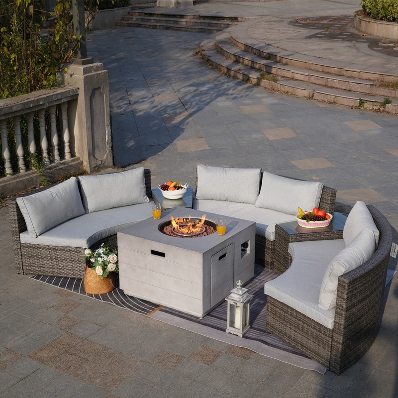 6-piece Patio Wicker Halfmoon Shape Sectional Sofa With Fire Pit Table