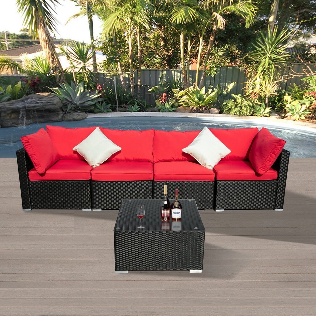 Zenova 5-pieces Patio Rattan Wicker Sectional Sofa Sets With Pillows And Cushions
