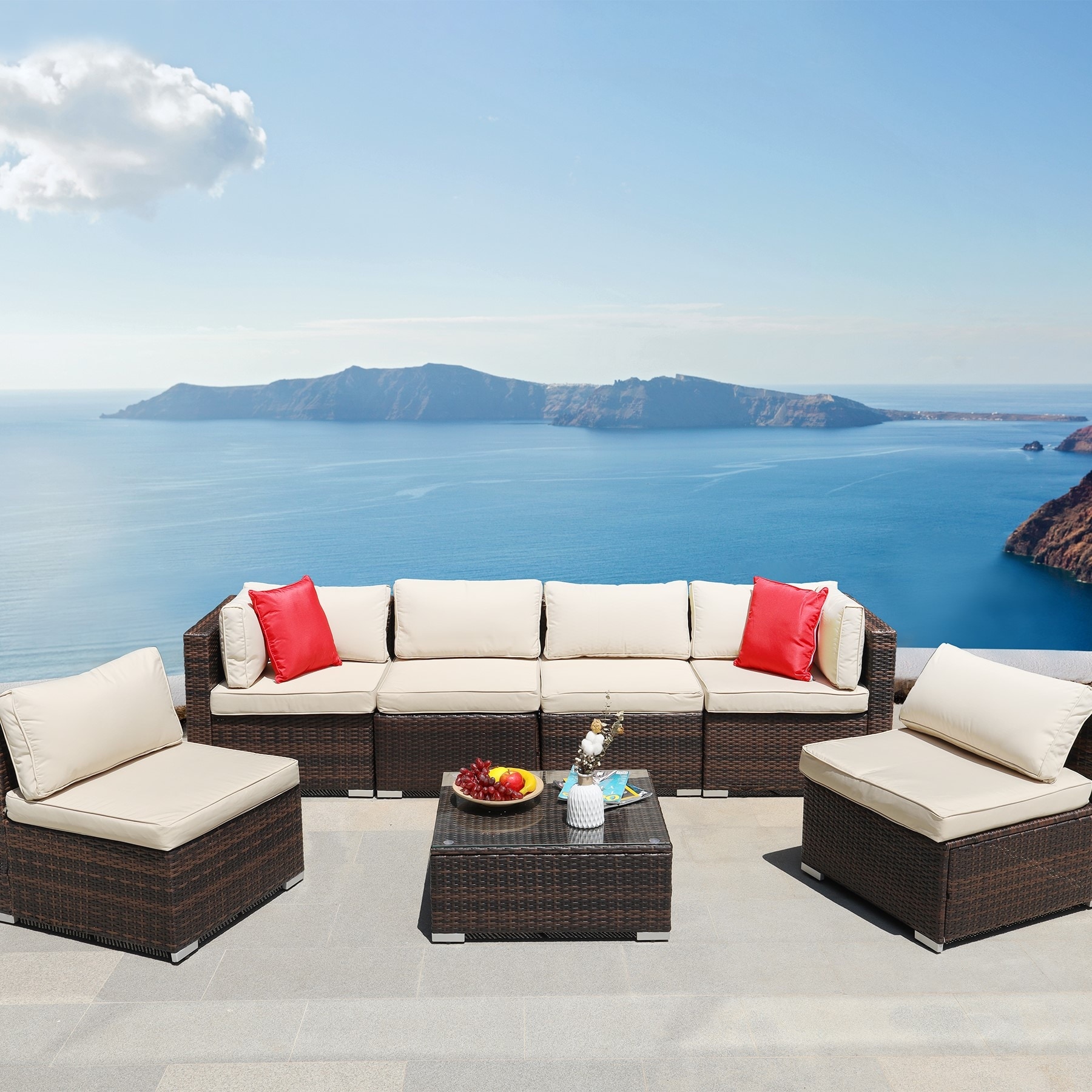 Rattan Sectional Sofa Conversation Set With Coffee Table
