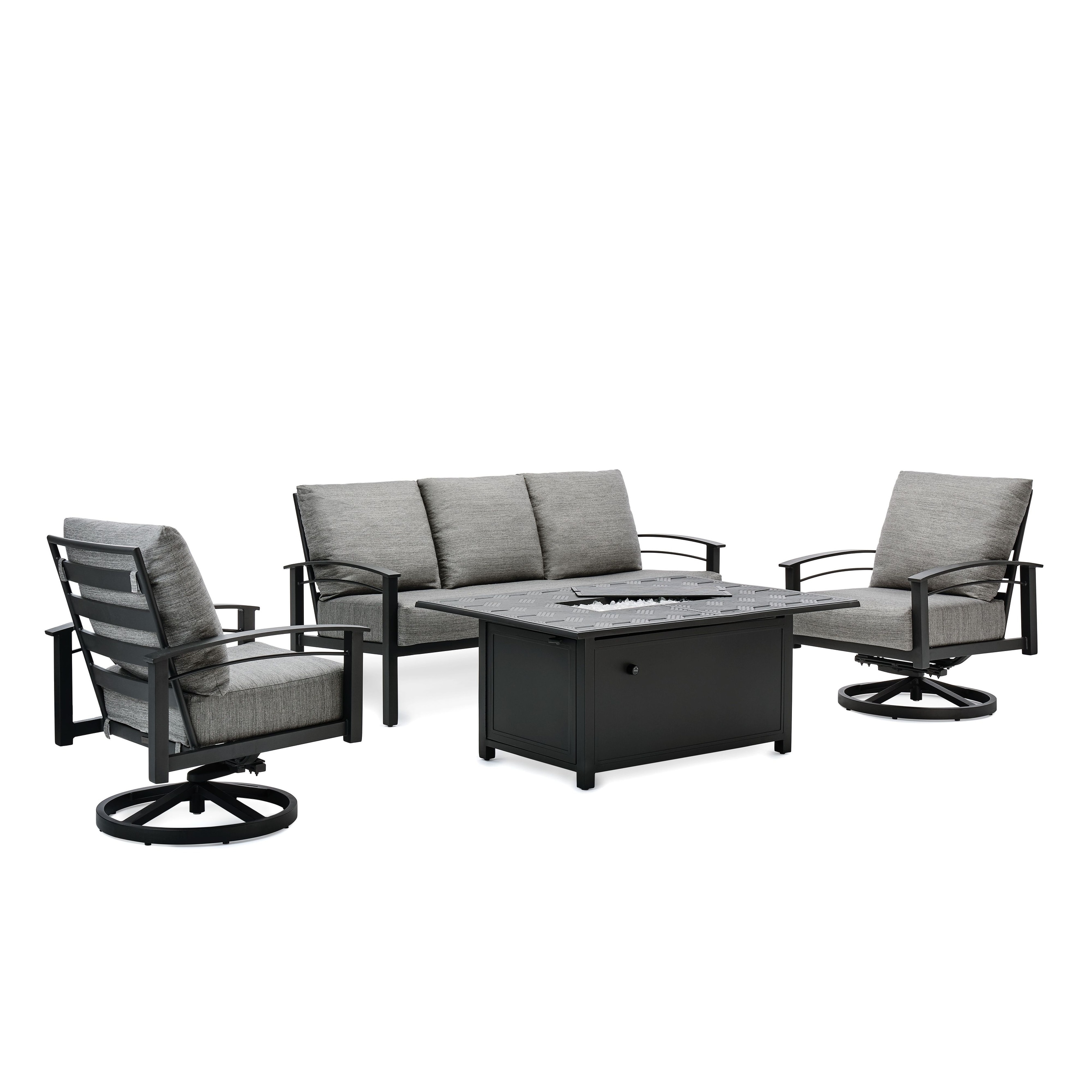 Stanford Cushion 4-pc Sunbrella Set With 2 Swivel Chairs  Sofa  And Rectangle Fire Table