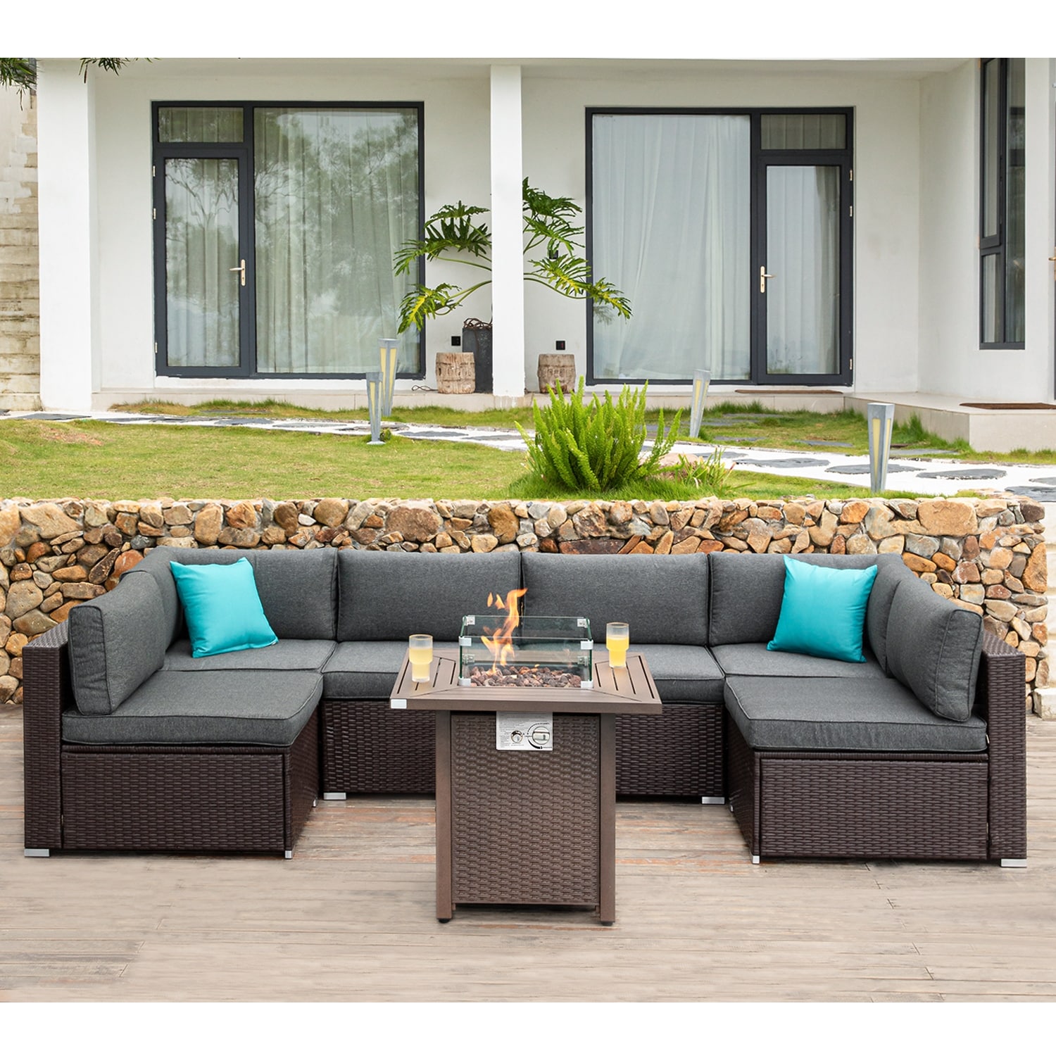 Cosiest 8-piece Outdoor Furniture Sofa Set With Metal Fire Table