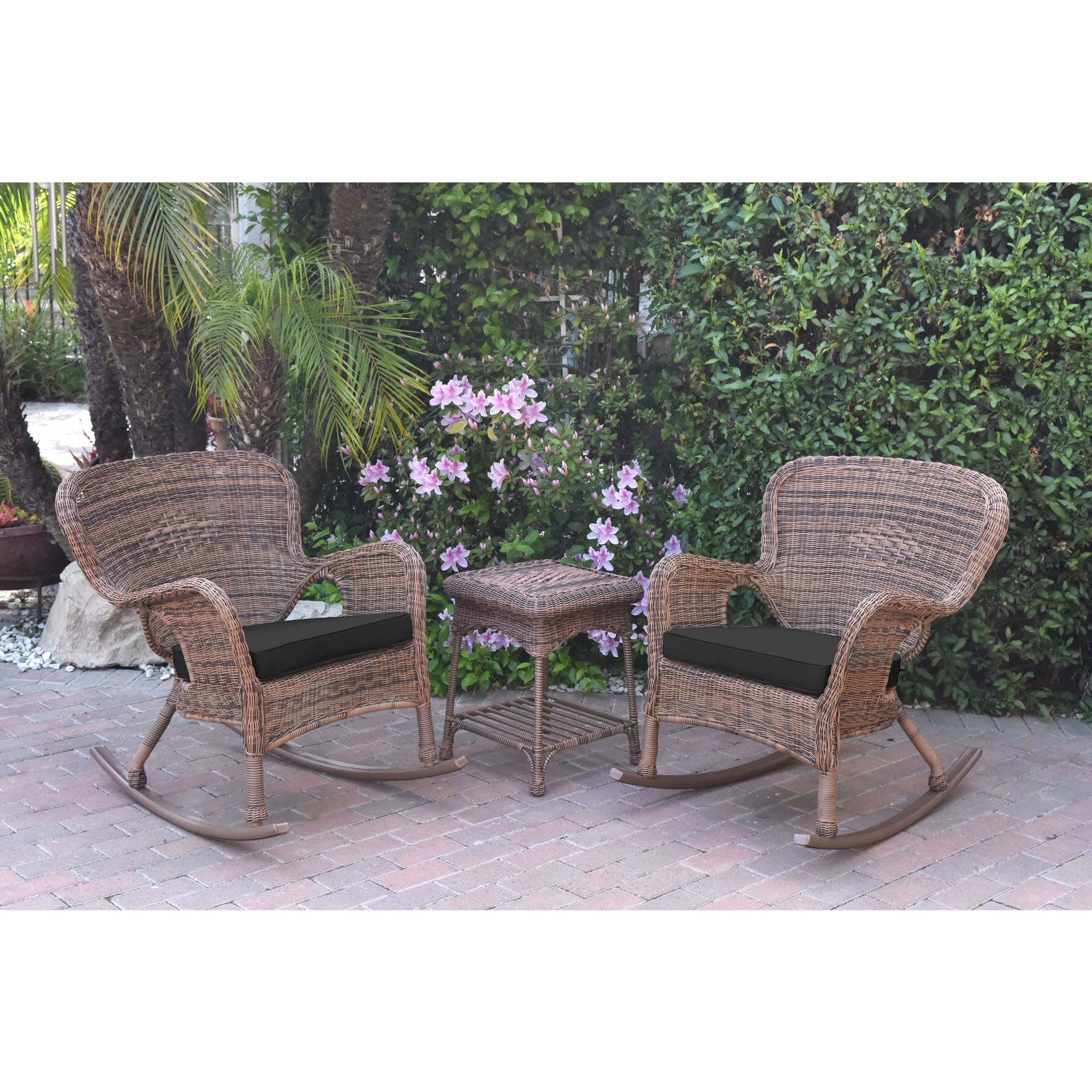 Jeco Windsor Honey Wicker Rocker Chair And End Table Set With Cushions