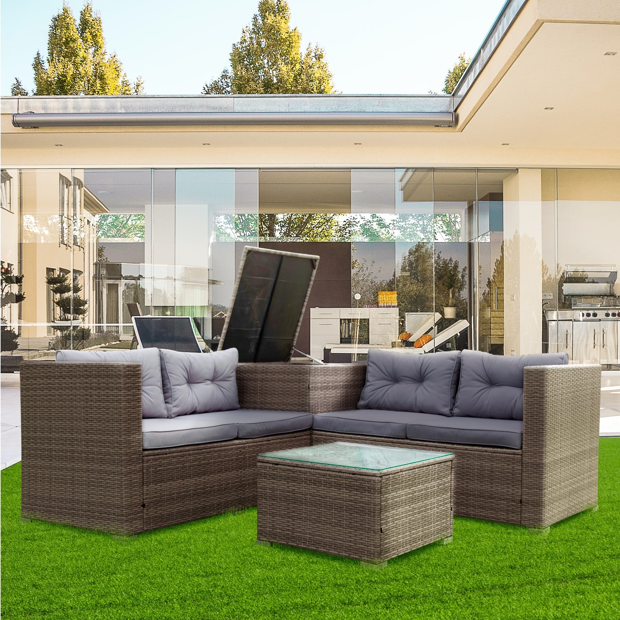 4-pieces Outdoor Garden Patio Furniture Sets For 4  Rattan Wicker Sectional Cushioned Sofa Sets With A Storage Box and Glass Table
