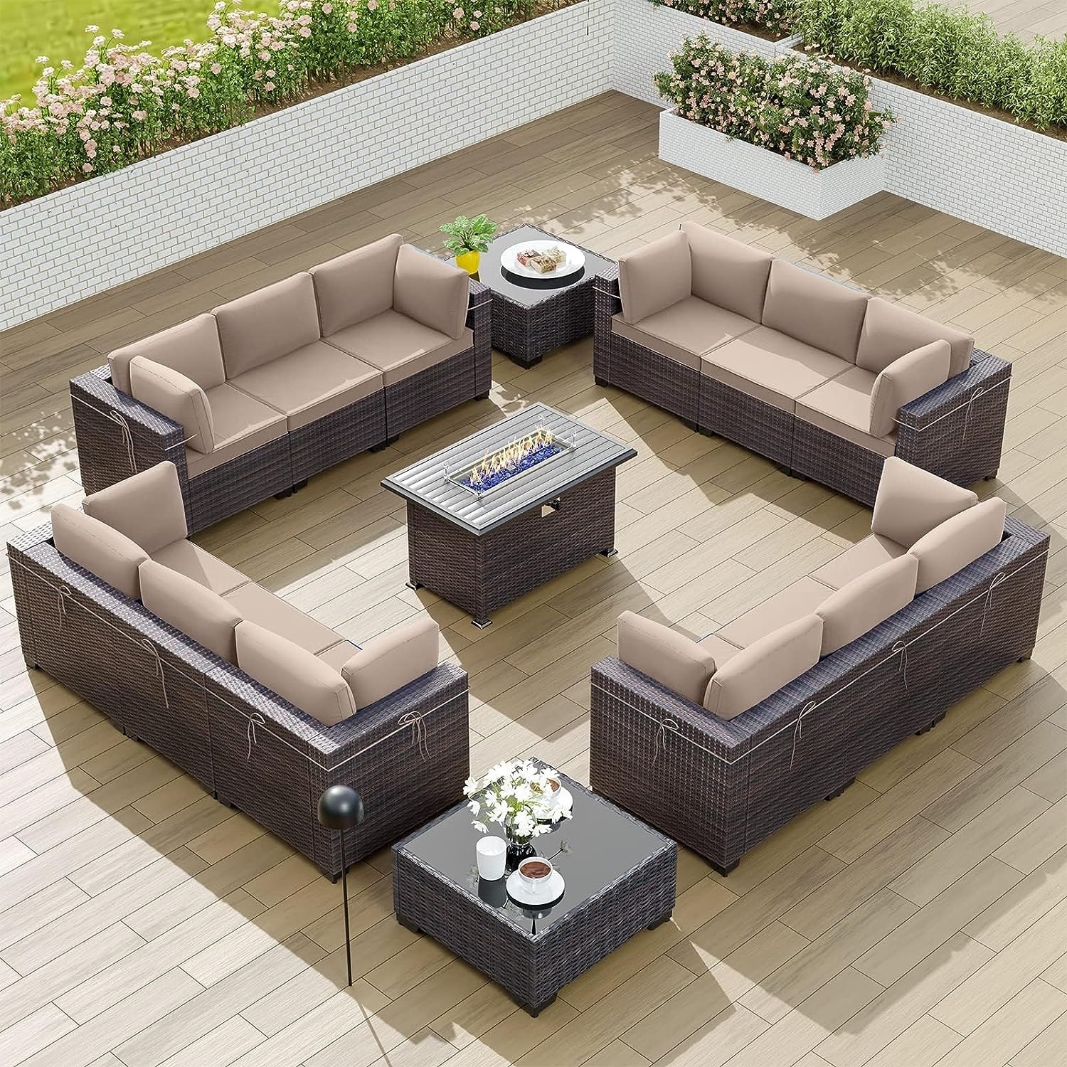Kullavik 15pcs Outdoor Patio Furniture Set With 43 55000btu Gas Propane Fire Pit Table  8 Coner Sofas