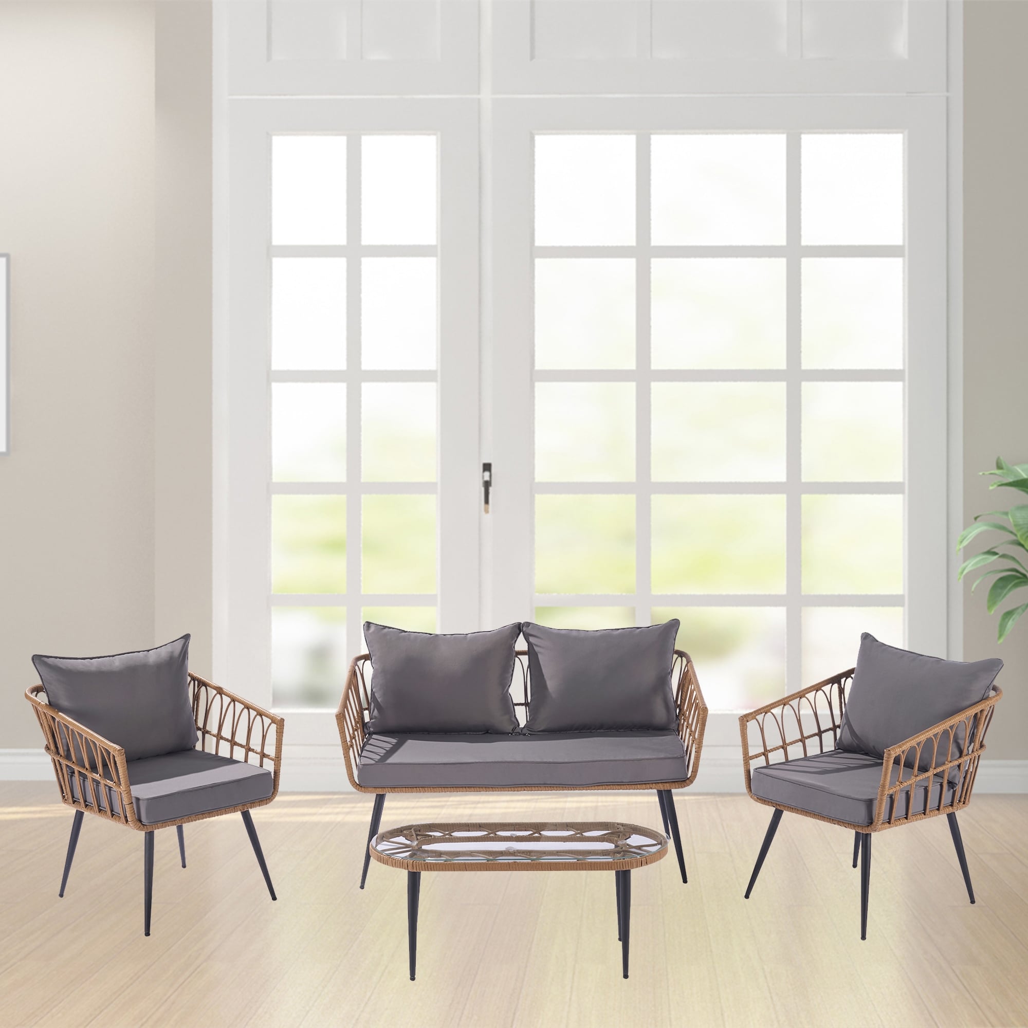 Dark Gray Modular Wicker Sofa Set With Coffee Table