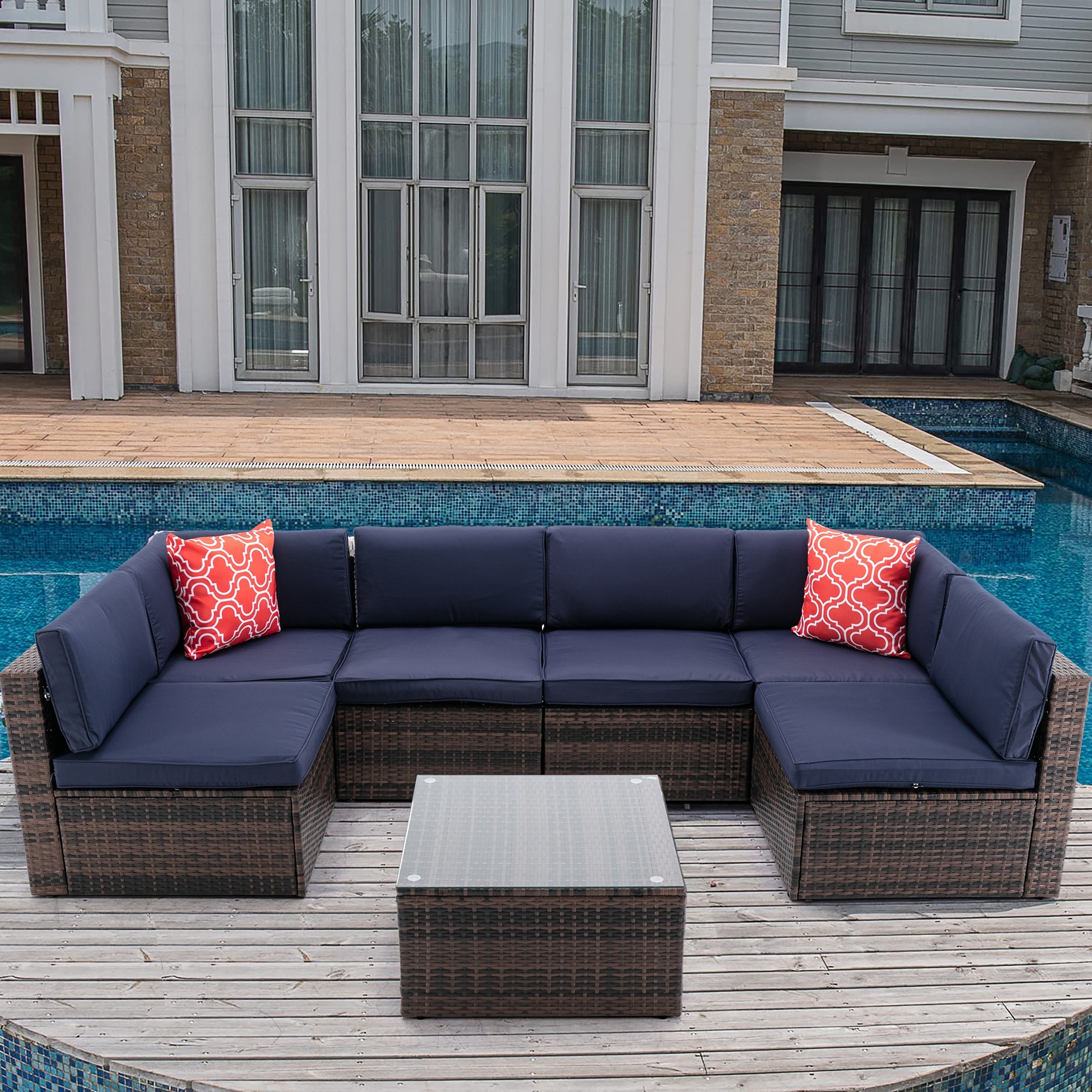Navy Blue 7-piece Outdoor Garden Patio Furniture Set With Pe Rattan Wicker Sectional Sofa  Cushions  And Coffee Table