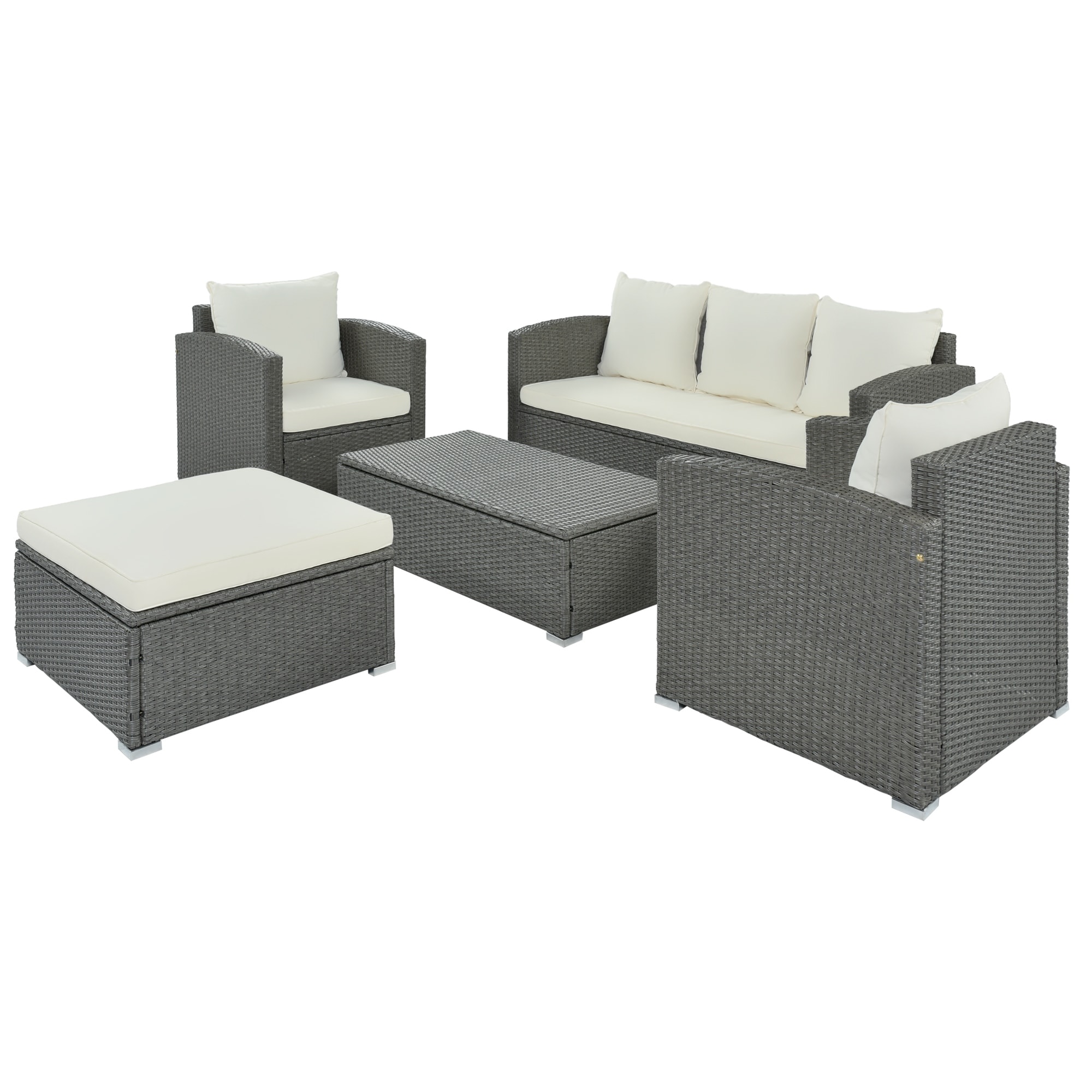 Outdoor Patio 5-piece All-weather Pe Wicker Rattan Sectional Sofa Set With Multifunctional Storage Table And Ottoman  Cushion