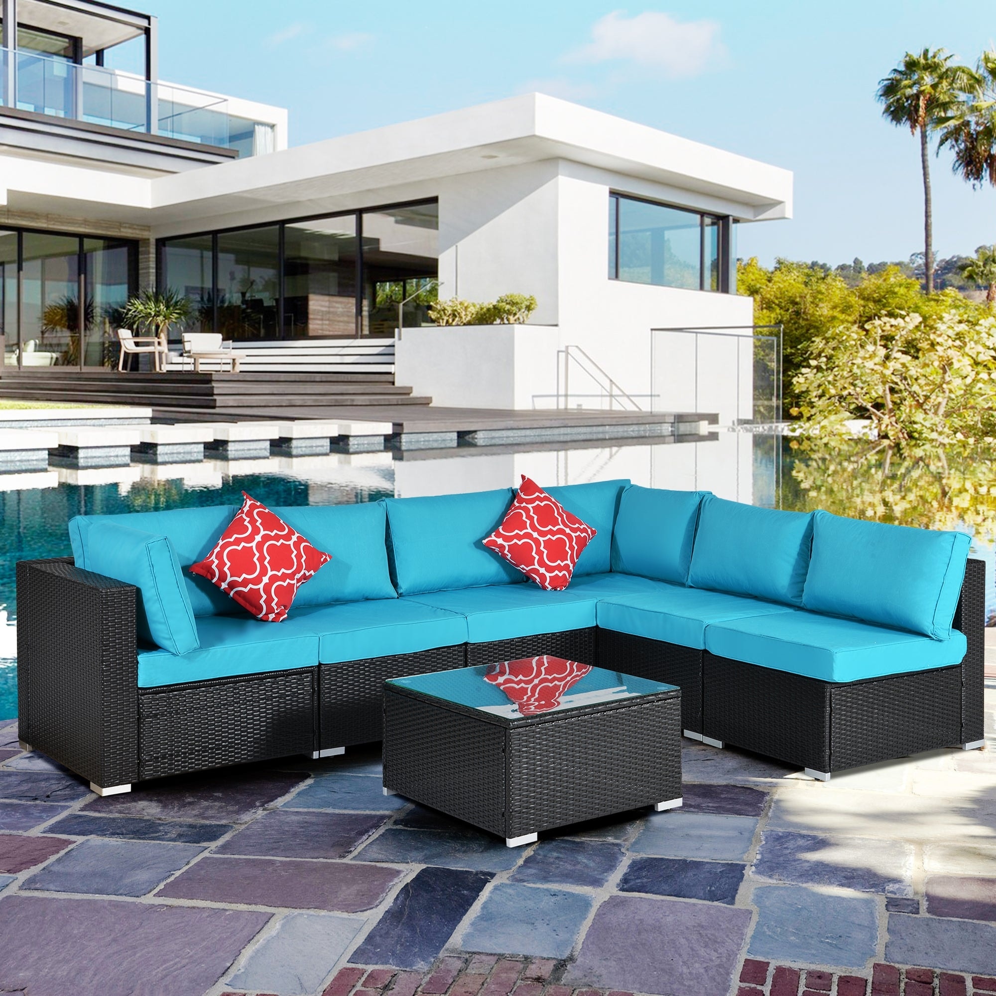 7 Pieces Outdoor Rattan Wicker Reversible Patio Sectional With Cushions