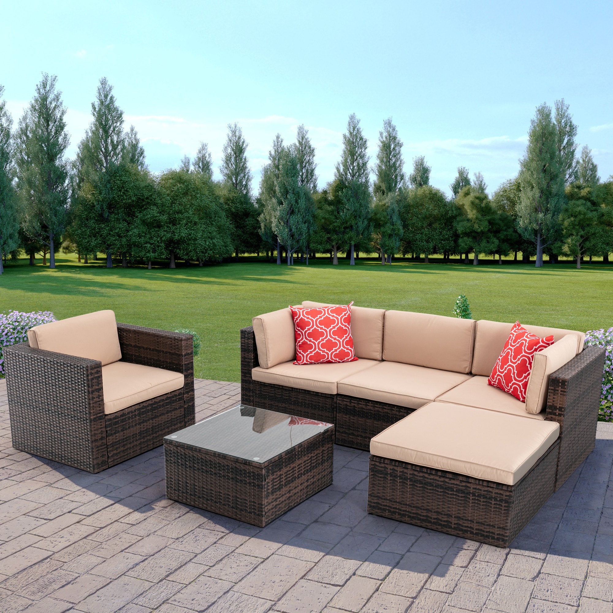 6pcs Outdoor Garden Patio Furniture Pe Rattan Wicker Sectional Cushioned Sofa Sets