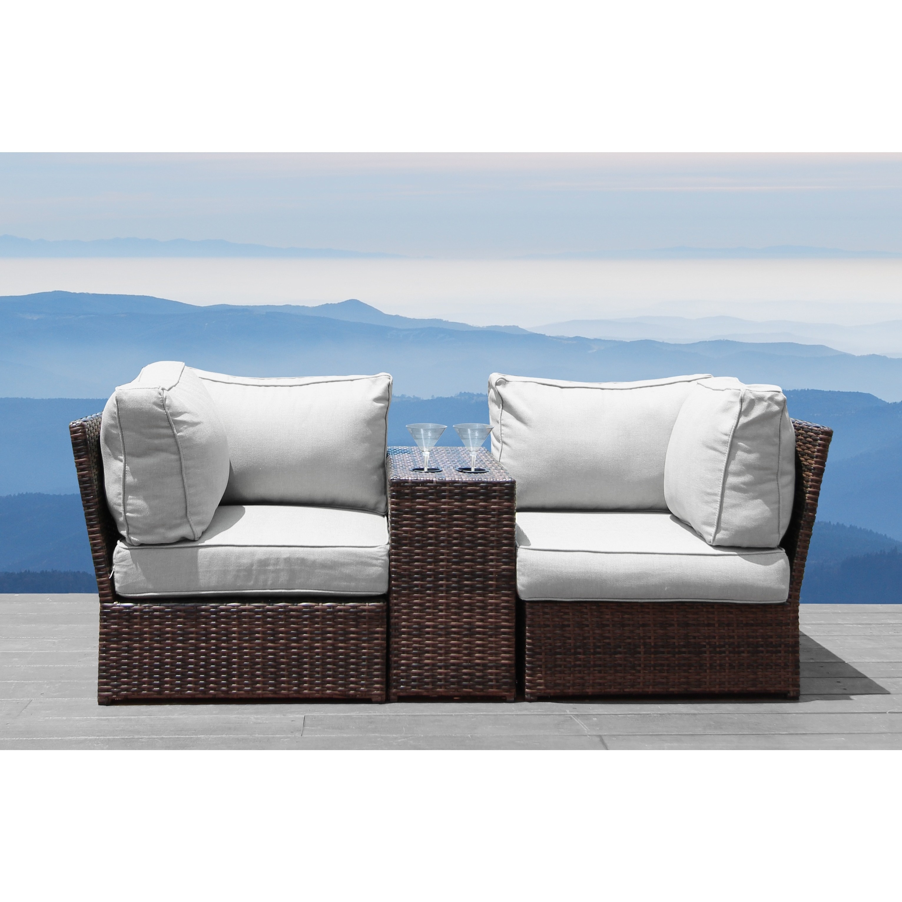 Lsi Brown Wicker Cup Holder Table And Loveseat