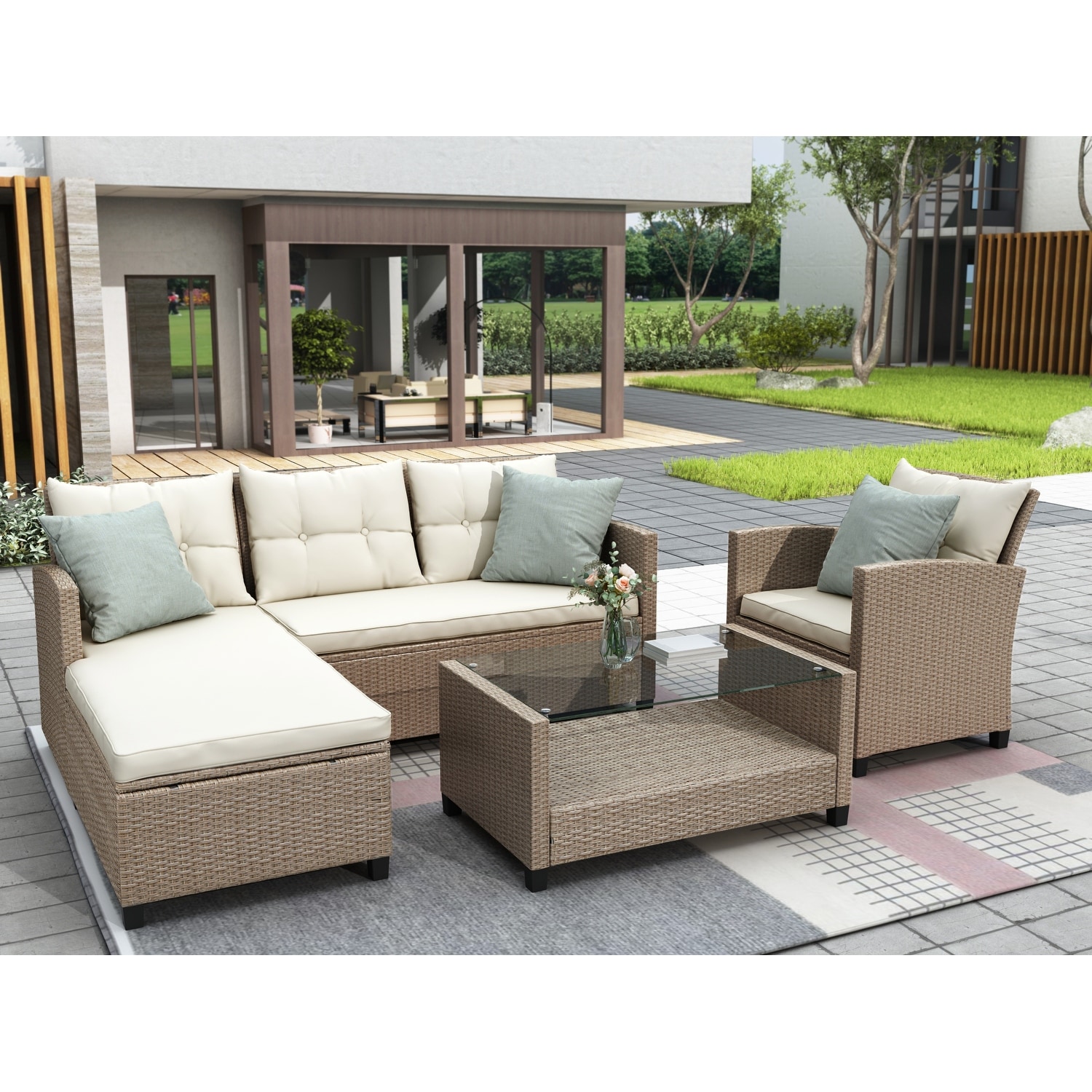 4-piece Rattan Sofa Set With Floating Glass Table