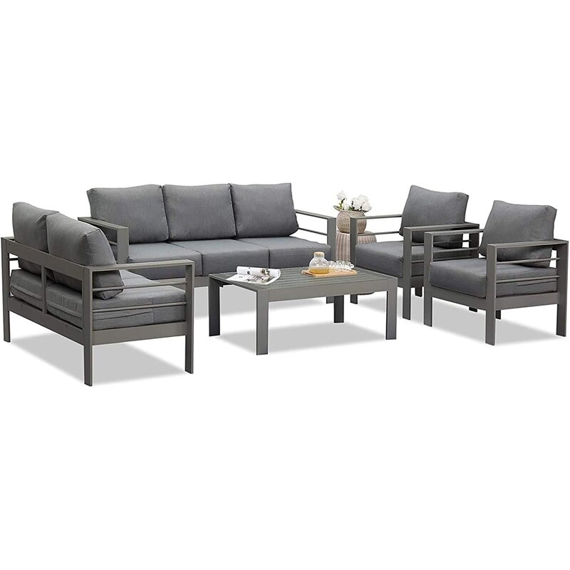5-pieces Aluminum Conversation Set Modern Grey Metal Sectional Sofa With Dark Grey Cushions - 73x26x32