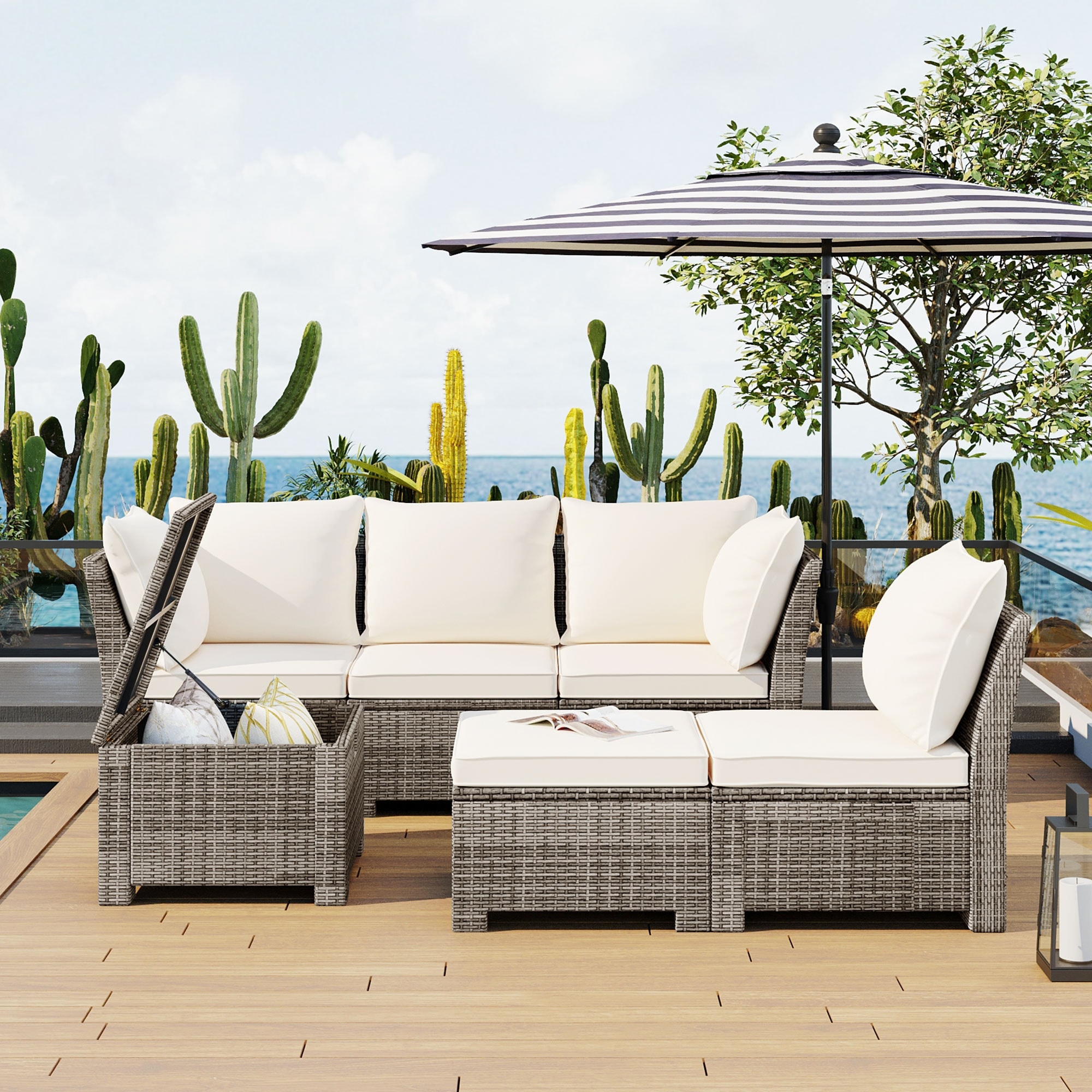 6-piece Outdoor Sofa Set Pe Wicker Rattan Sofa With Ottoman And Storage Table  All-weather Conversational Furniture  Beige
