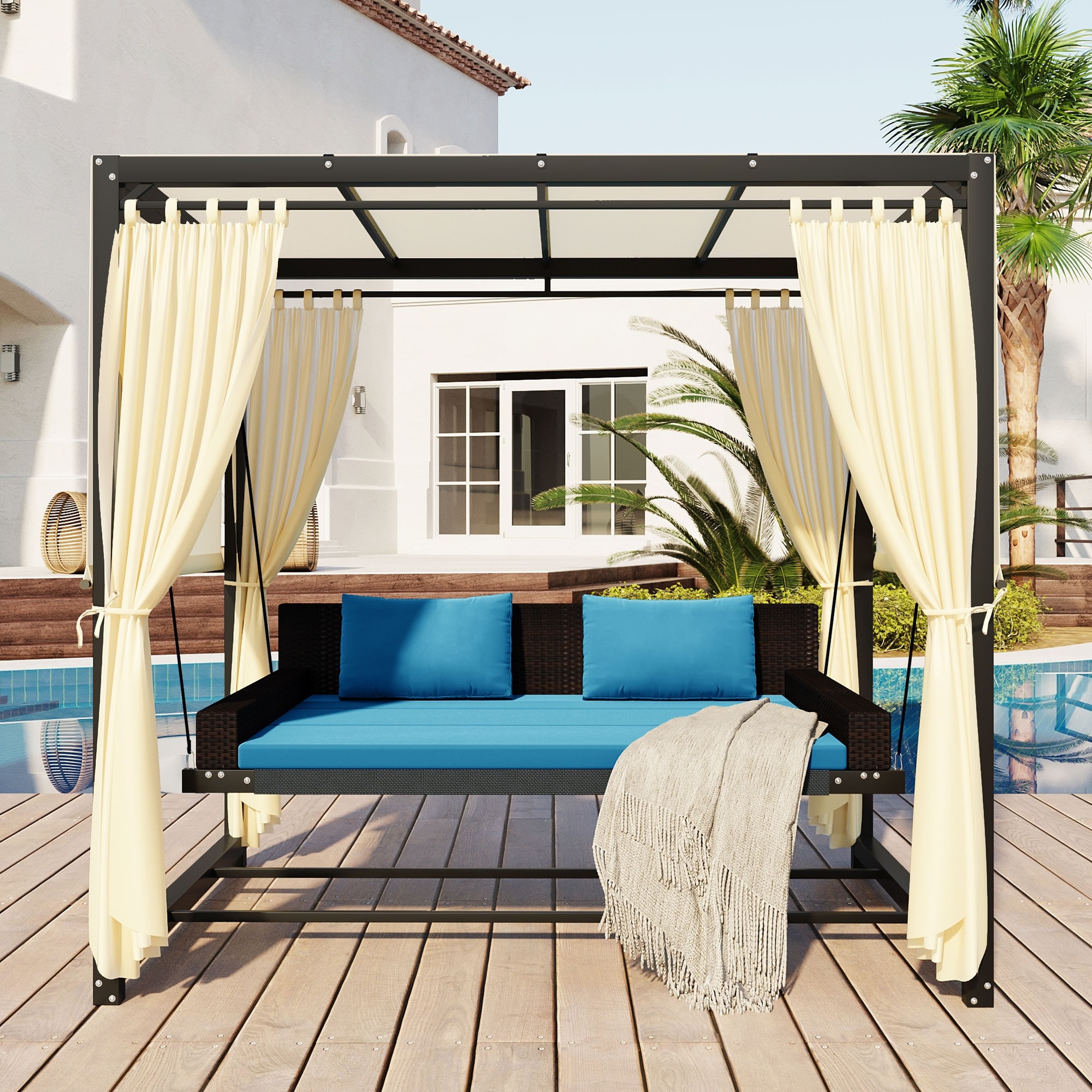 Outdoor Balconies 2-3 People Swing Bed W/ Adjustable Curtains Suitable