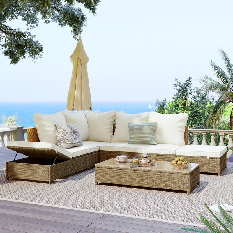 3-piece Rattan Sectional Set With Adjustable Chaise Lounge Frame And Coffe Table