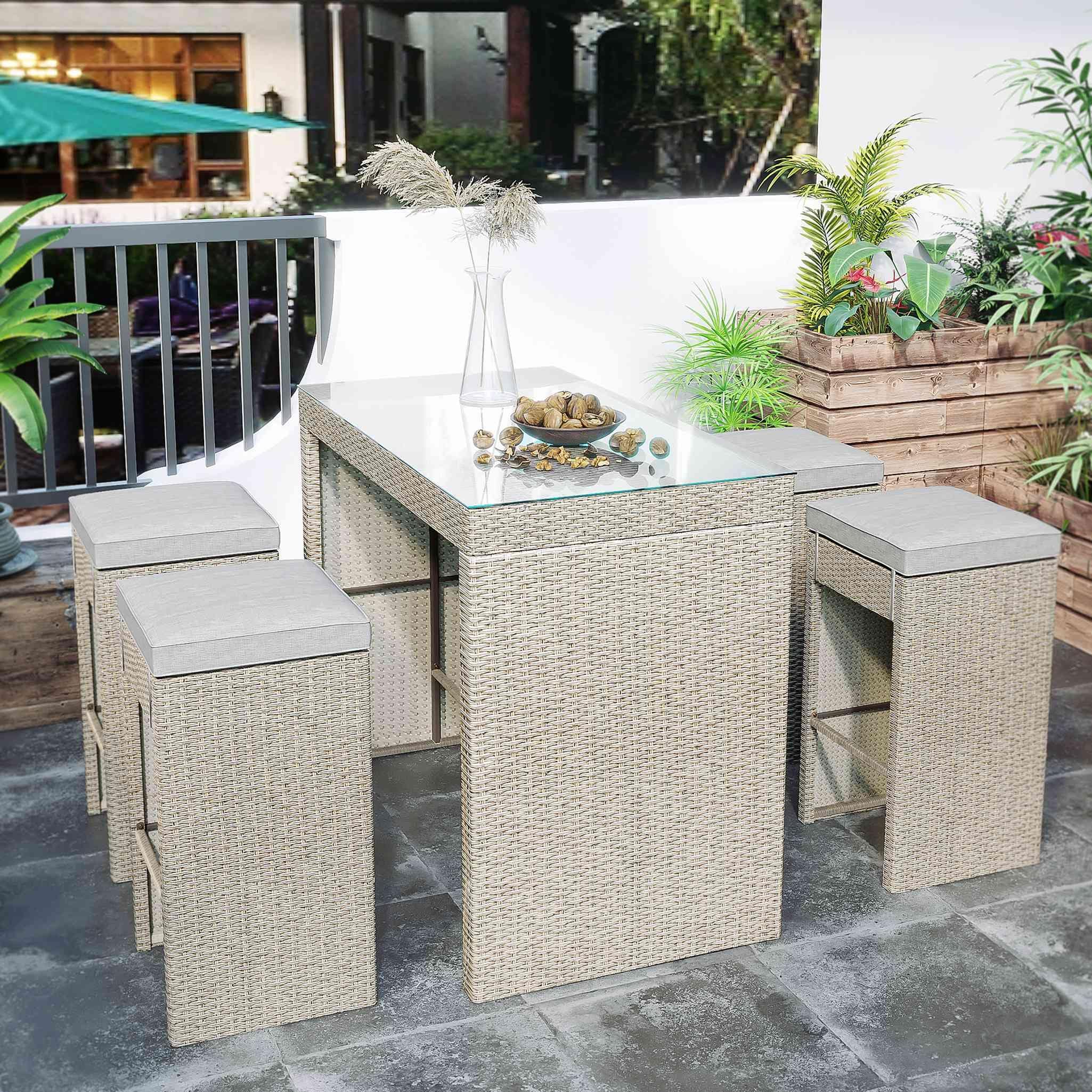 5-piece Rattan Outdoor Patio Furniture Set Bar Dining Table Set With 4 Stools