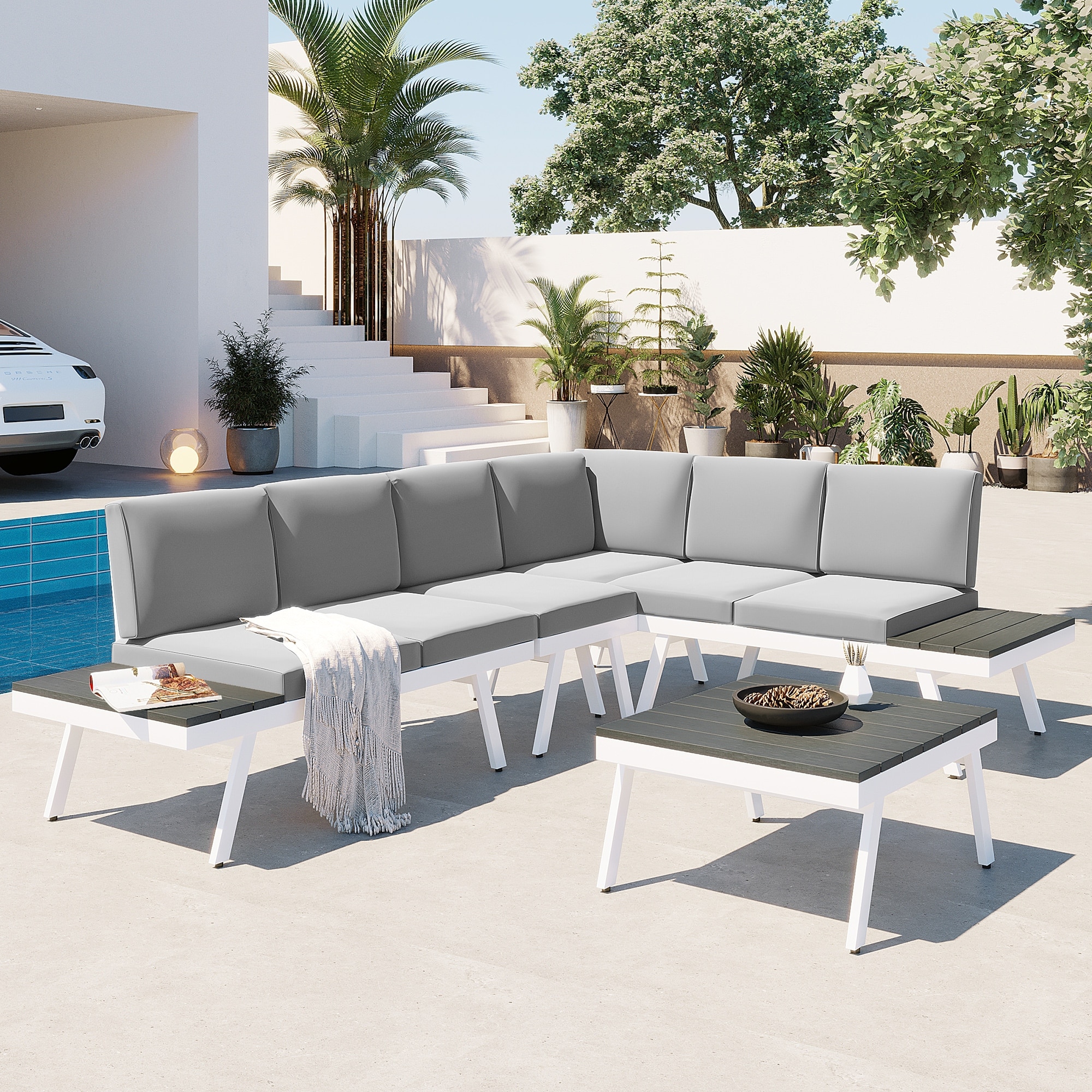 Industrial 5-piece Aluminum Outdoor Patio Sectional Sofa Set With End Tables  Coffee Table And Furniture Clips For Backyard