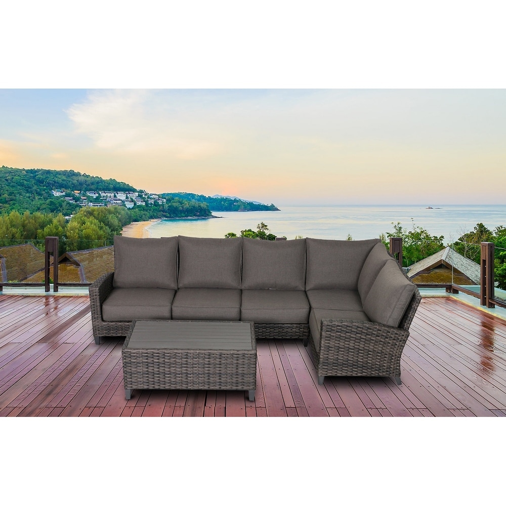 Barbados 5-piece Set Sectional Outdoor Patio Furniture With Coffee Table Rattan Wicker With Grey Olefin Cushions