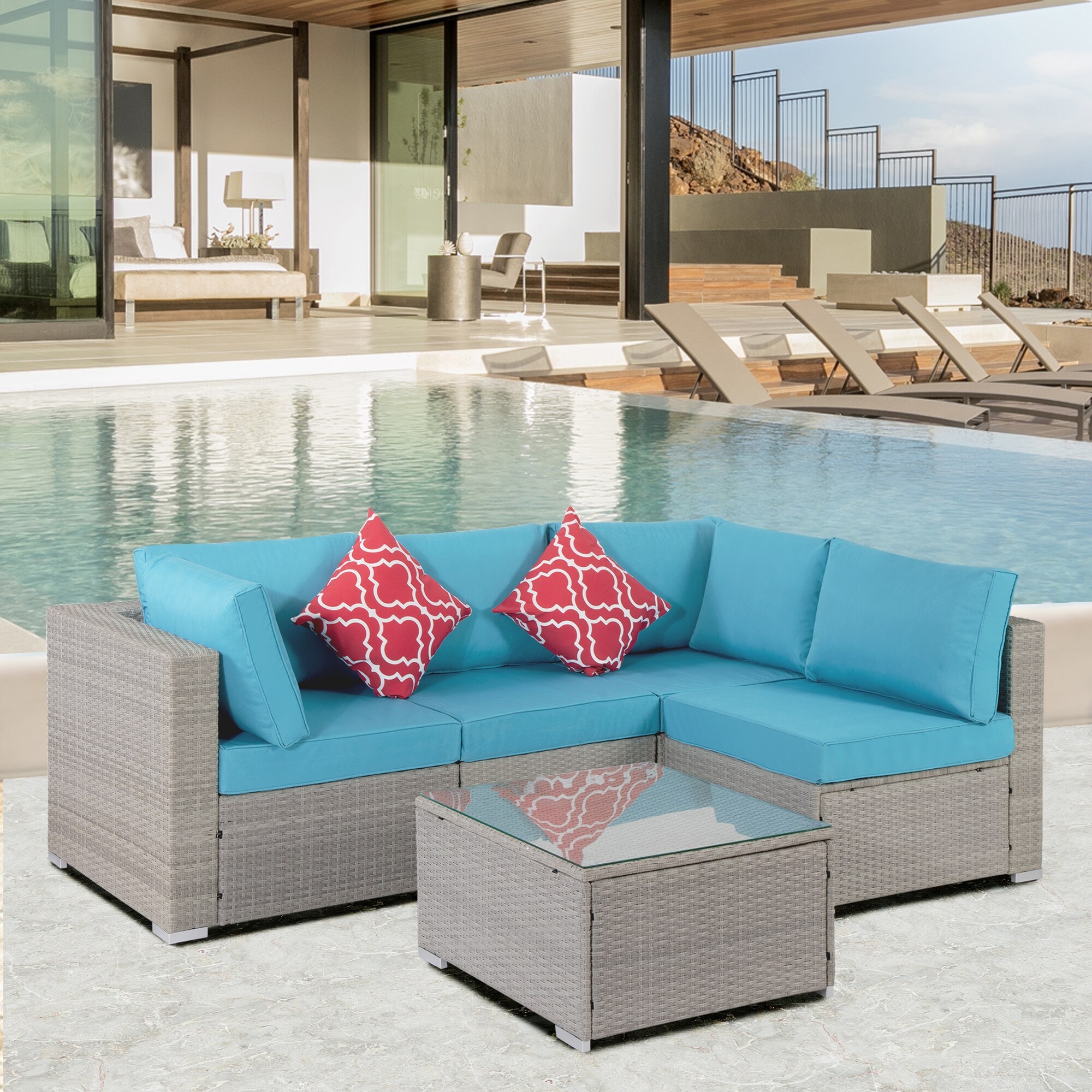 5-pieces Outdoor Patio Furniture Sets For 4-5  Garden Sofa Set With 2 Single Sofa Chair  2 Single Corner Chair and 1 Coffee Table.