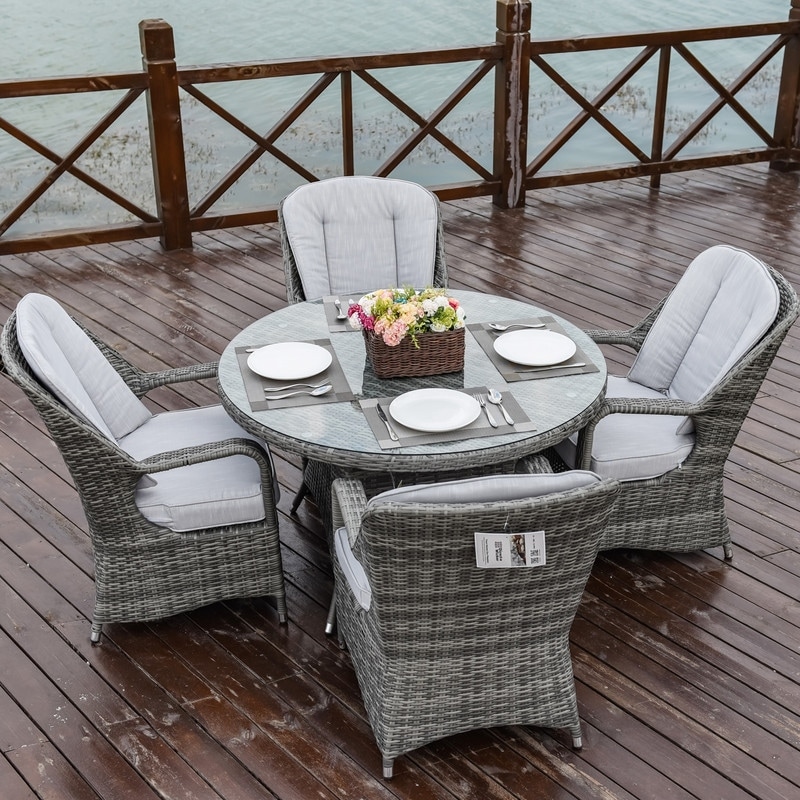 5-pieces Patio Wicker Round Dining Set With 4 Armchairs