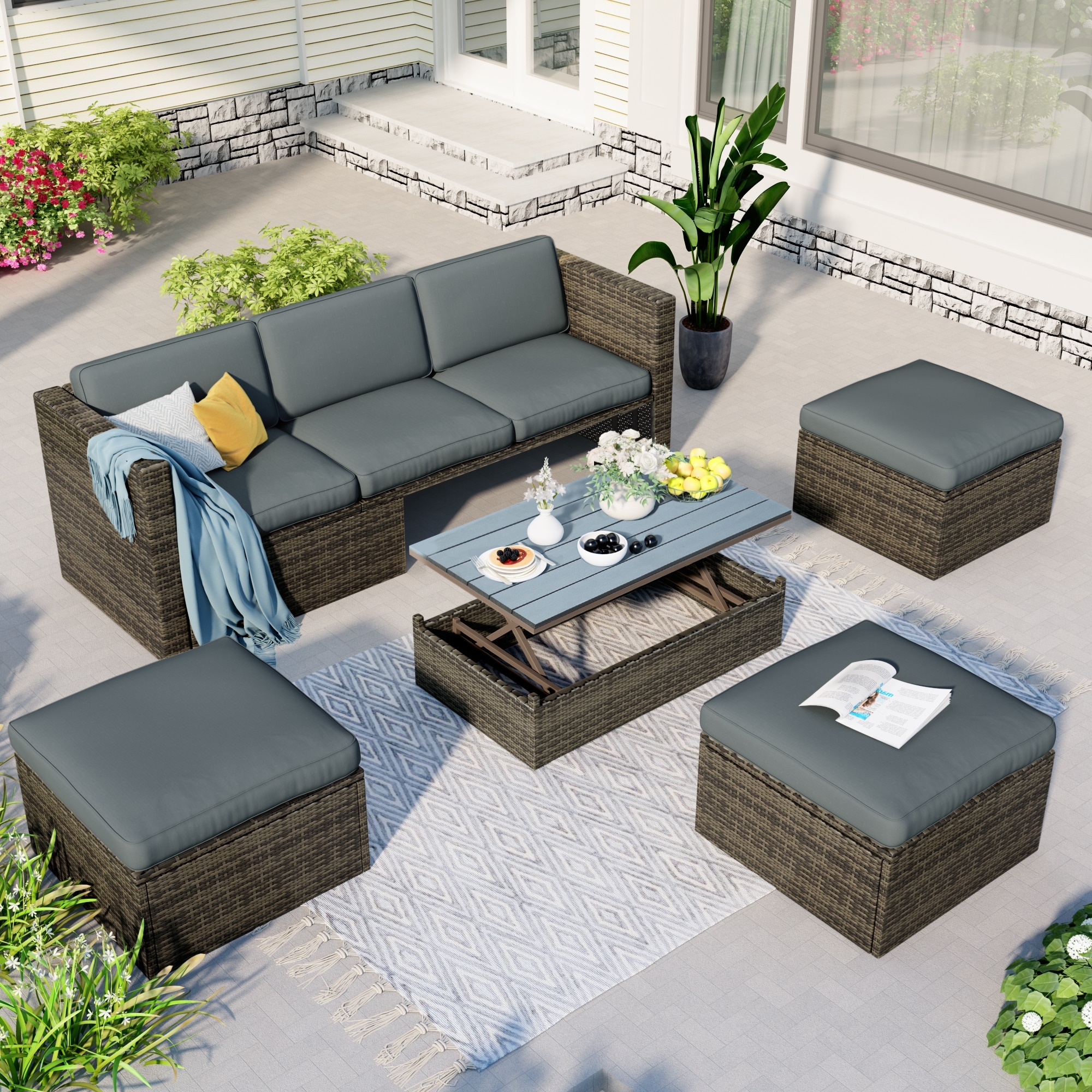 5-piece Outdoor Patio Furniture Wicker Sectional Sofa Set  With Liftable Coffee Table And Adjustable Seat And Storage Rack