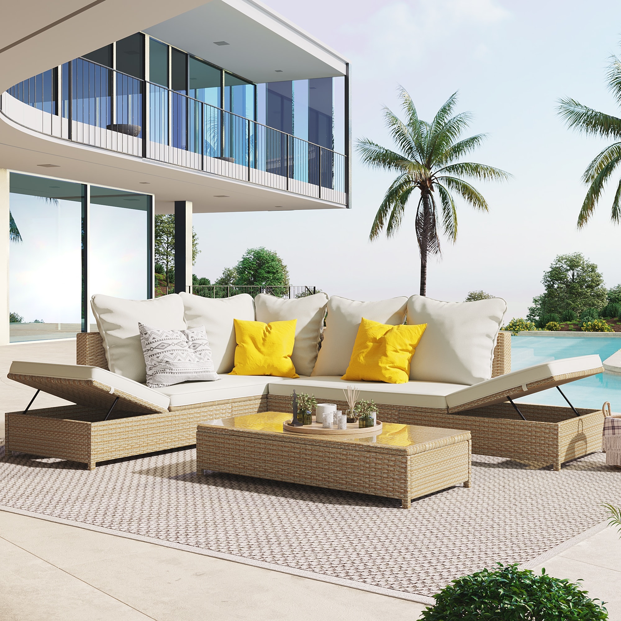 3-piece All-weather Rattan Sofa Set With Adjustable Chaise Lounge