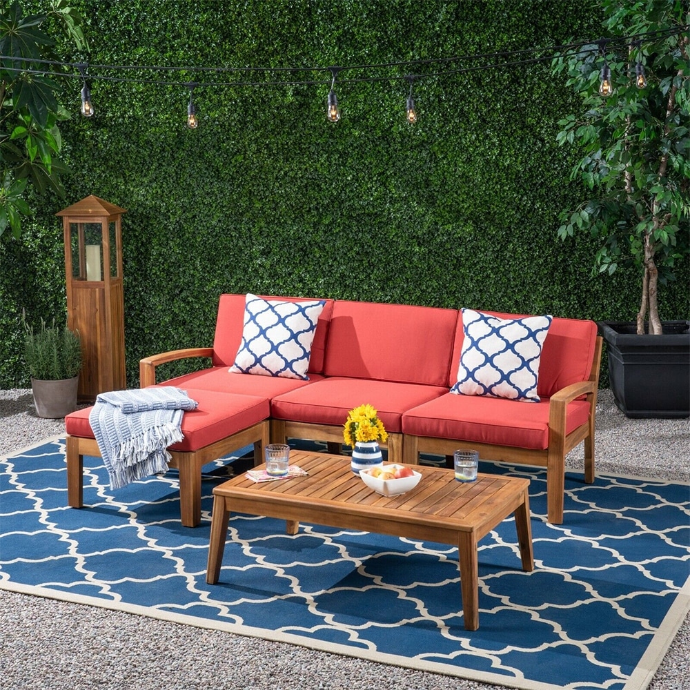Outdoor Wood 3 Seater Sectional Sofa Set Ottoman Teak Finish Red