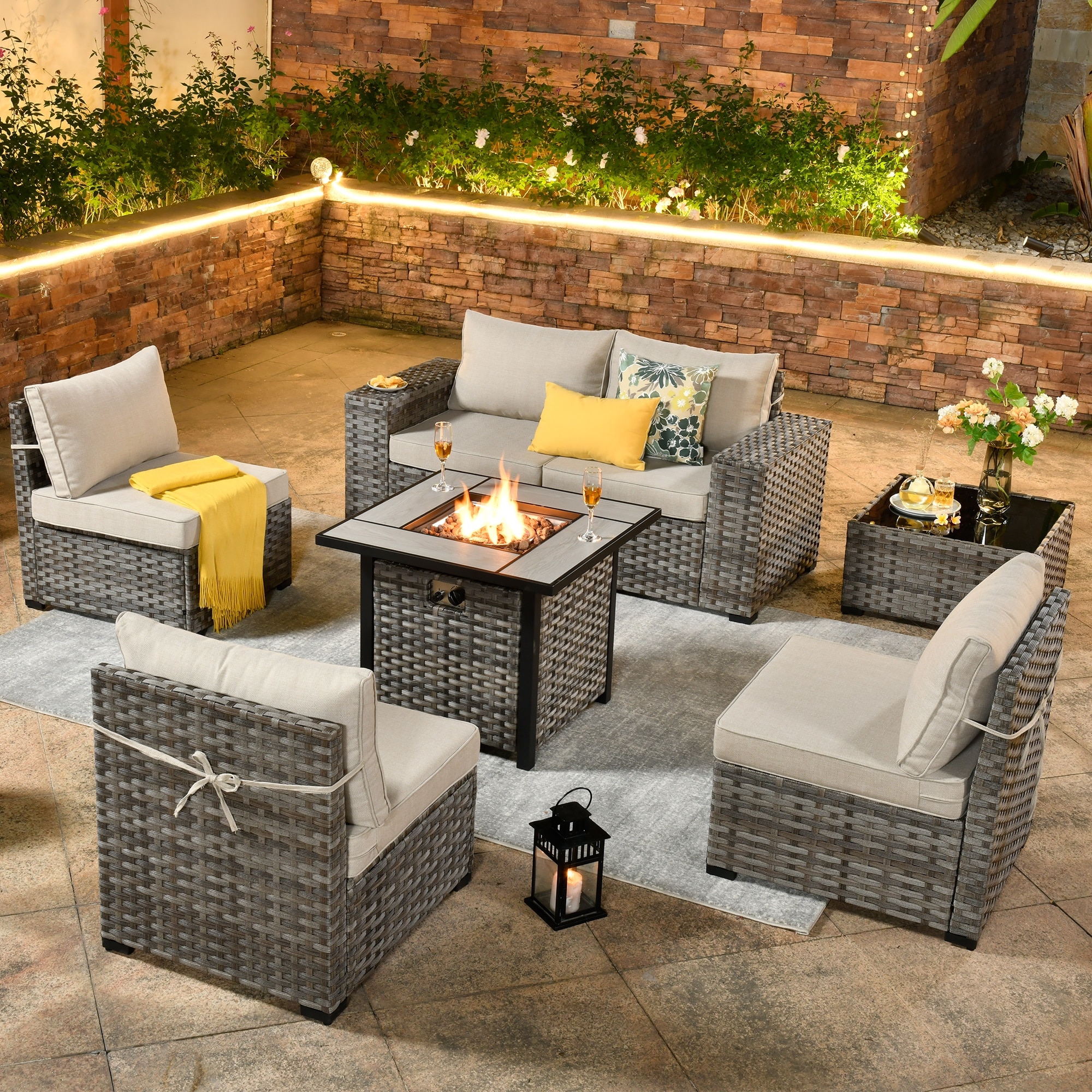 Ovios Patio Wicker Furniture Wide Arm 7-piece Fire Pit Set With Table