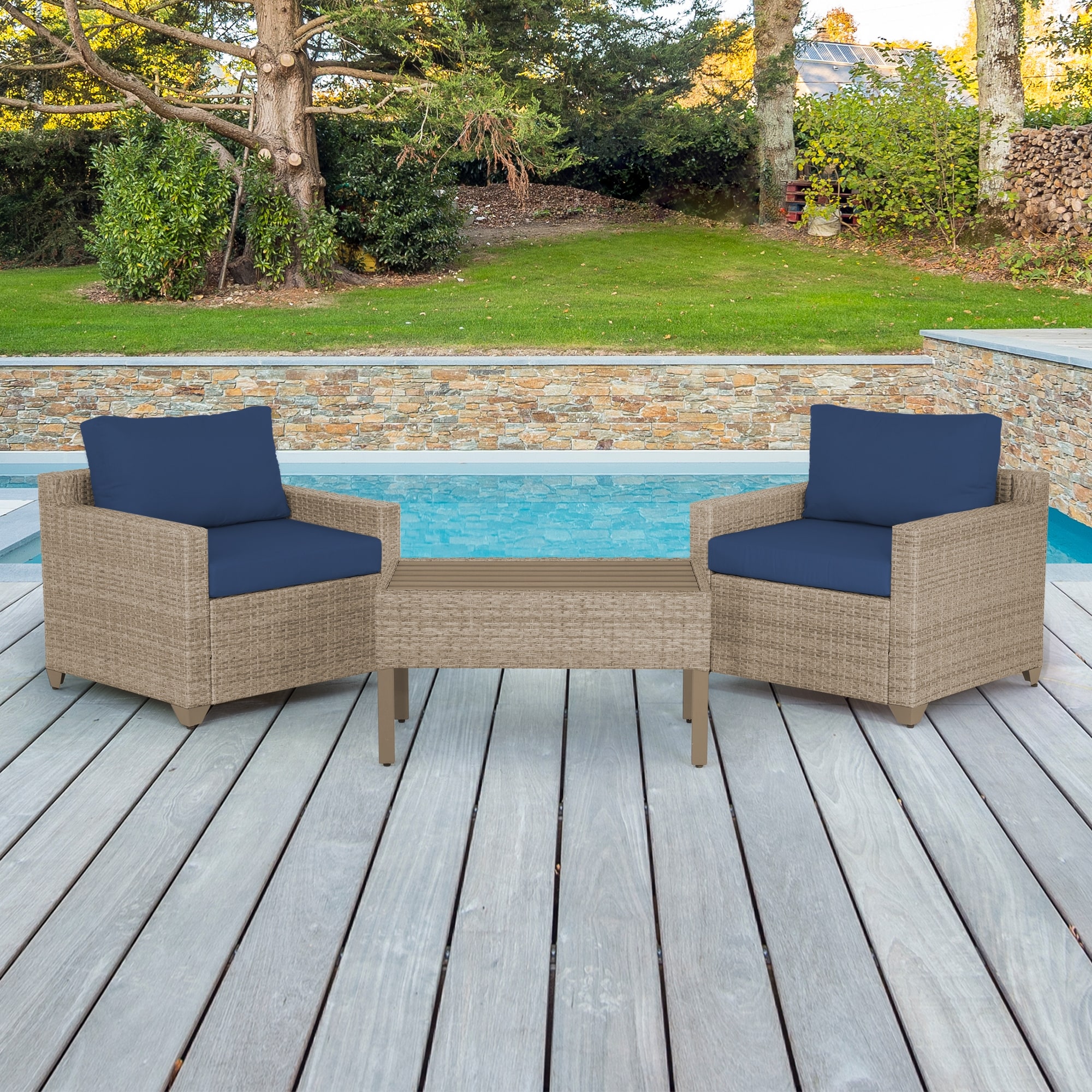 Maui 3-piece Outdoor Conversation Set Including Club Chairs And Coffee Table In Natural Aged Wicker