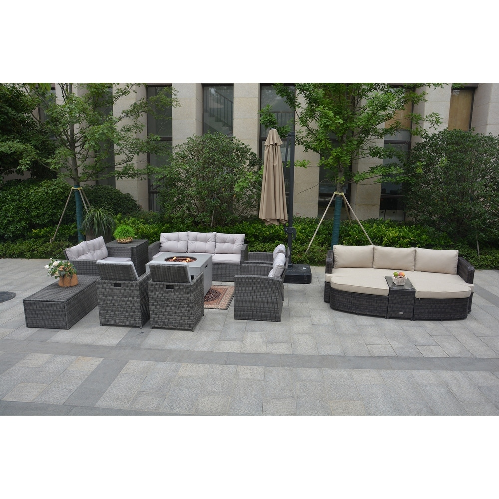 Outdoor Garden Pe Ratten Sofa  Chairs Daybed Set With Fire Pit Table