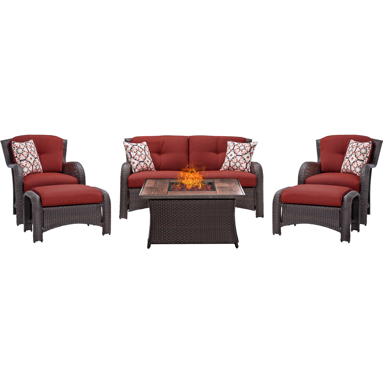 Hanover Outdoor Strathmere 6-piece Lounge Set In Crimson Red With Fire Pit Table
