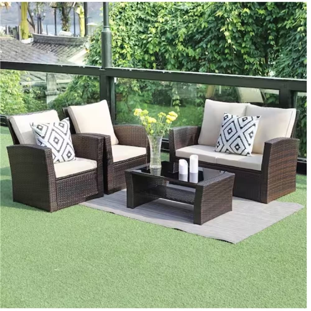 4-pieces Pe Rattan Outdoor Patio Set With Removable Cushions