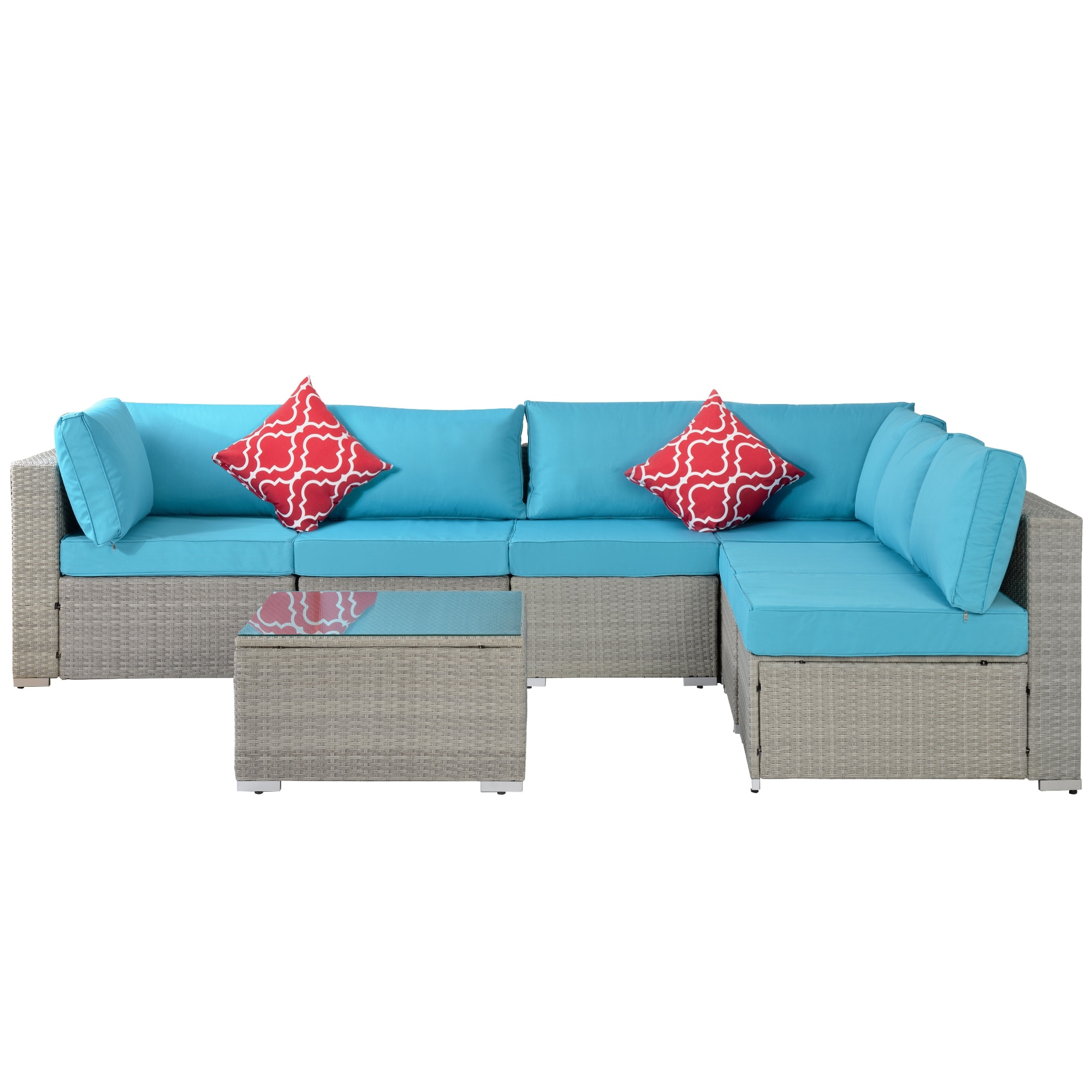 7-piece Pe Rattan Wicker Sectional Cushioned Sofa Sets With 2 Pillows And Coffee Table
