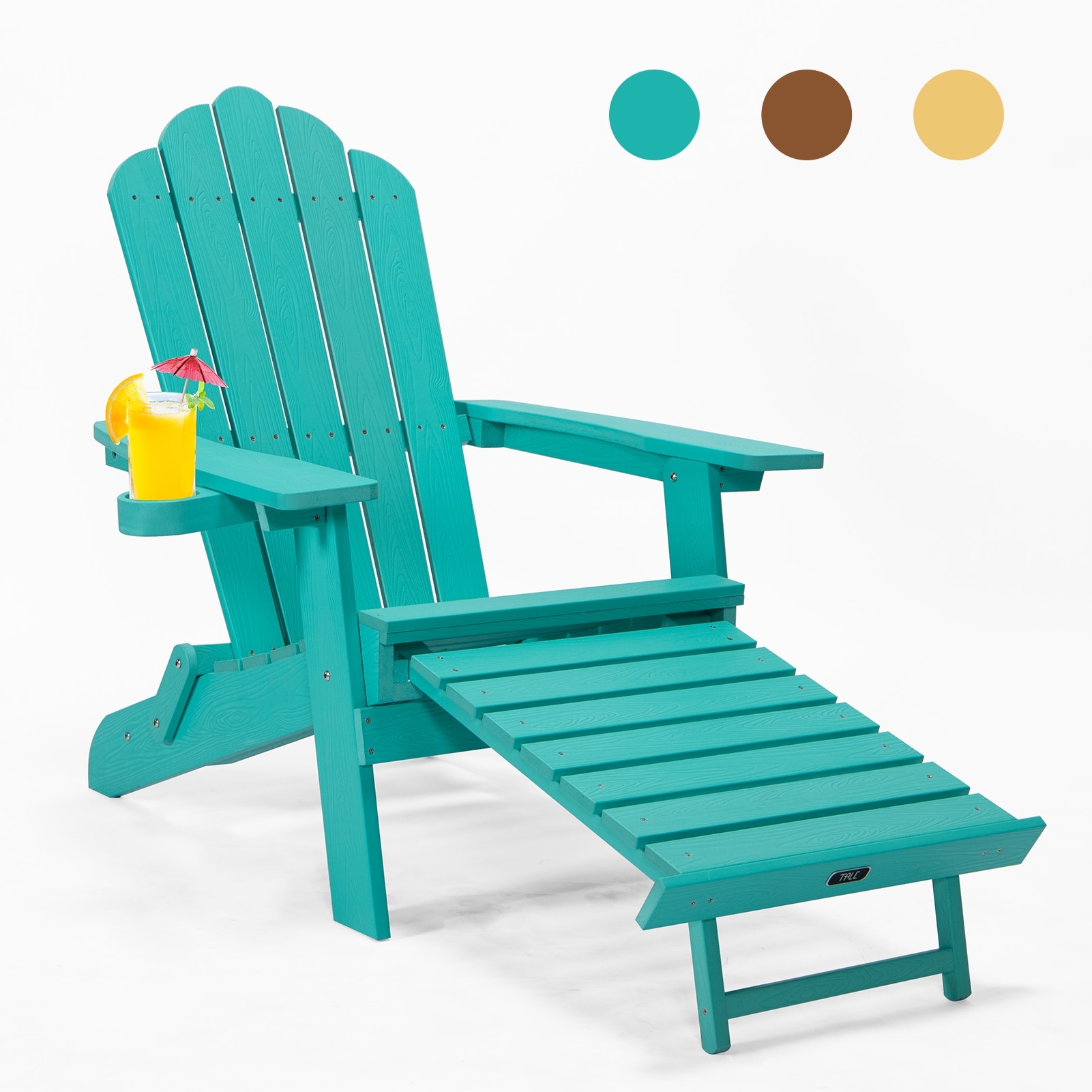 Outdoor Patio Garden Furniture  Adirondack Chair With Cup Holder  Retractable Footrest  Ergonomical Fanback and Folding Design