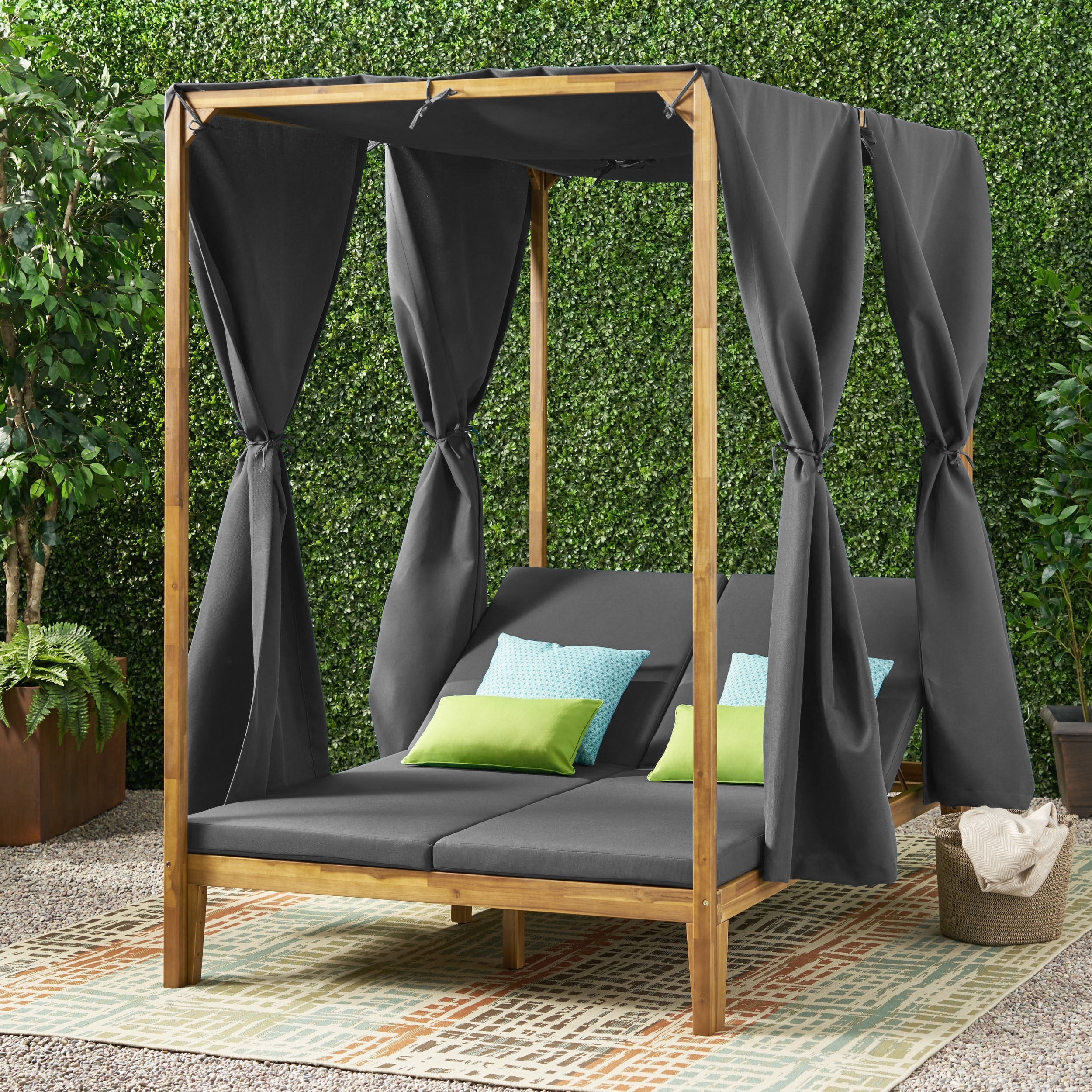 Kinzie Outdoor 2-seat Adjustable Acacia Daybed W/ Curtains By Christopher Knight Home - 51.25 L X 78.75 W X 78.75 H