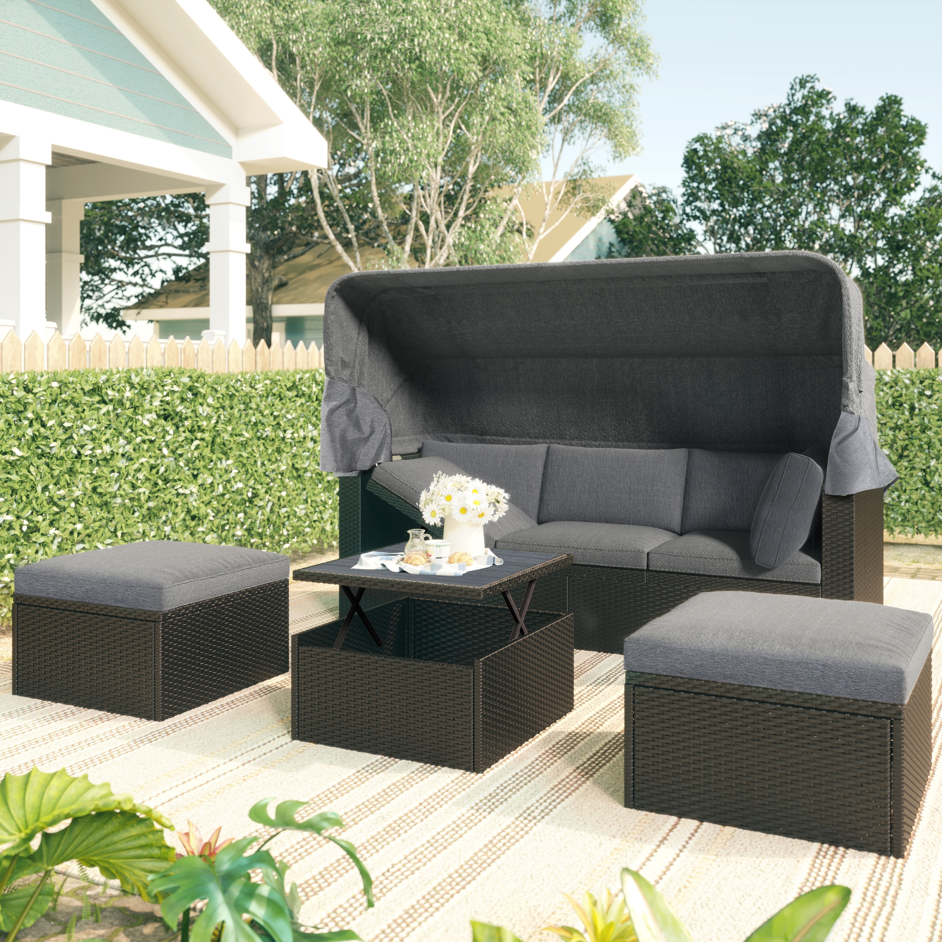 Outdoor Patio Rectangle Daybed With Retractable Canopy
