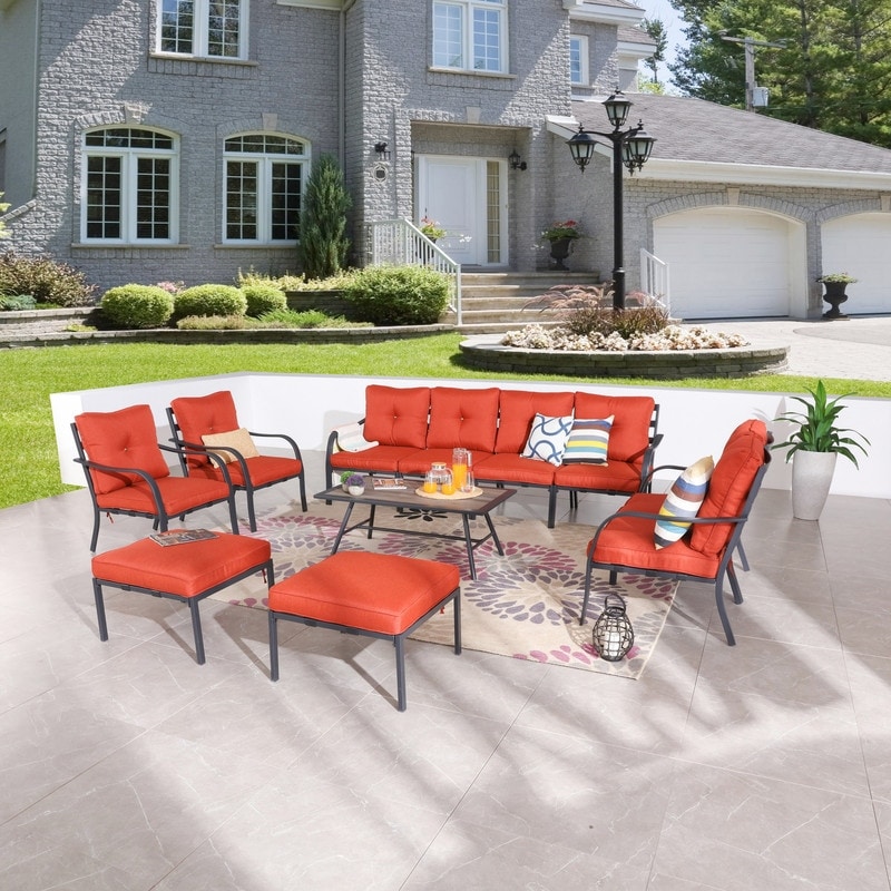 Patio Festival Curve-arm 11-piece Outdoor Conversation Set With Red Cushions