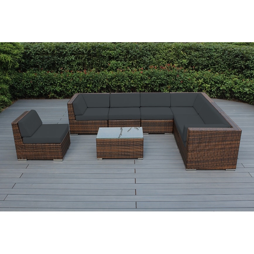 Ohana Outdoor Patio 8 Piece Mixed Brown Wicker Sectional With Cushions - No Assembly