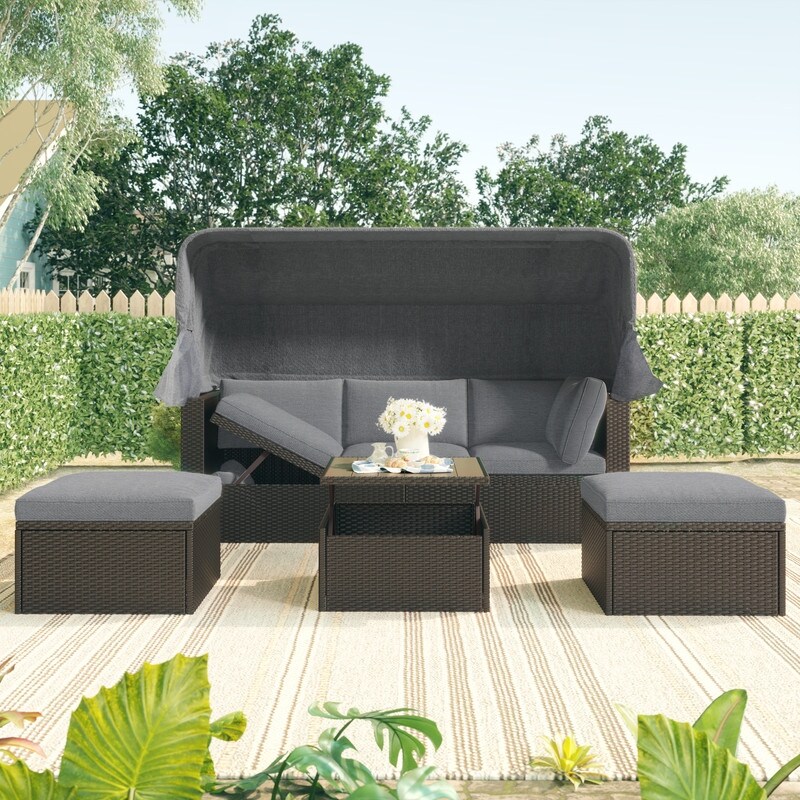 Patio Rectangle Daybed With Retractable Canopy And Washable Cushions