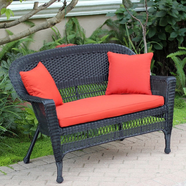 Wicker Black Finish Patio Loveseat With Cushion And Pillows