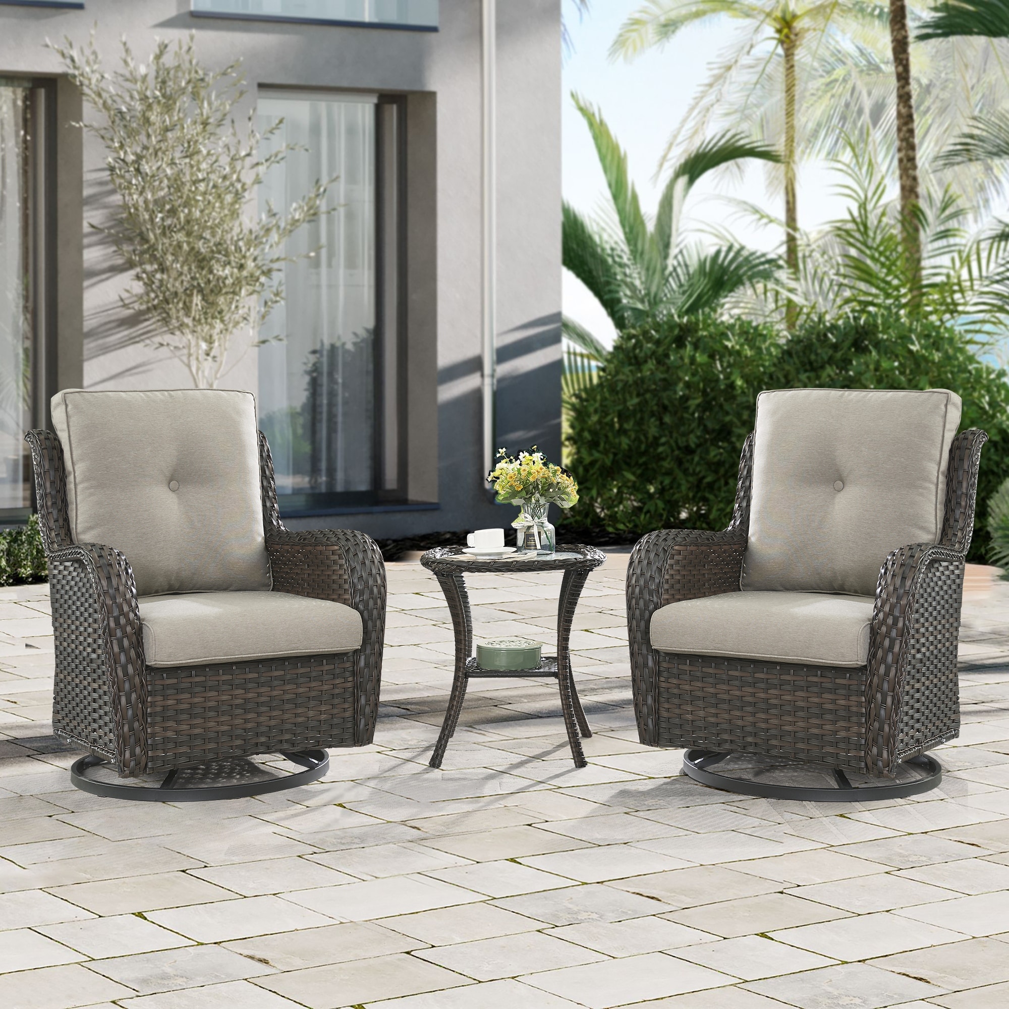 3 Piece Outdoor Wicker Swivel Rocker Patio Set With Cushion and Table