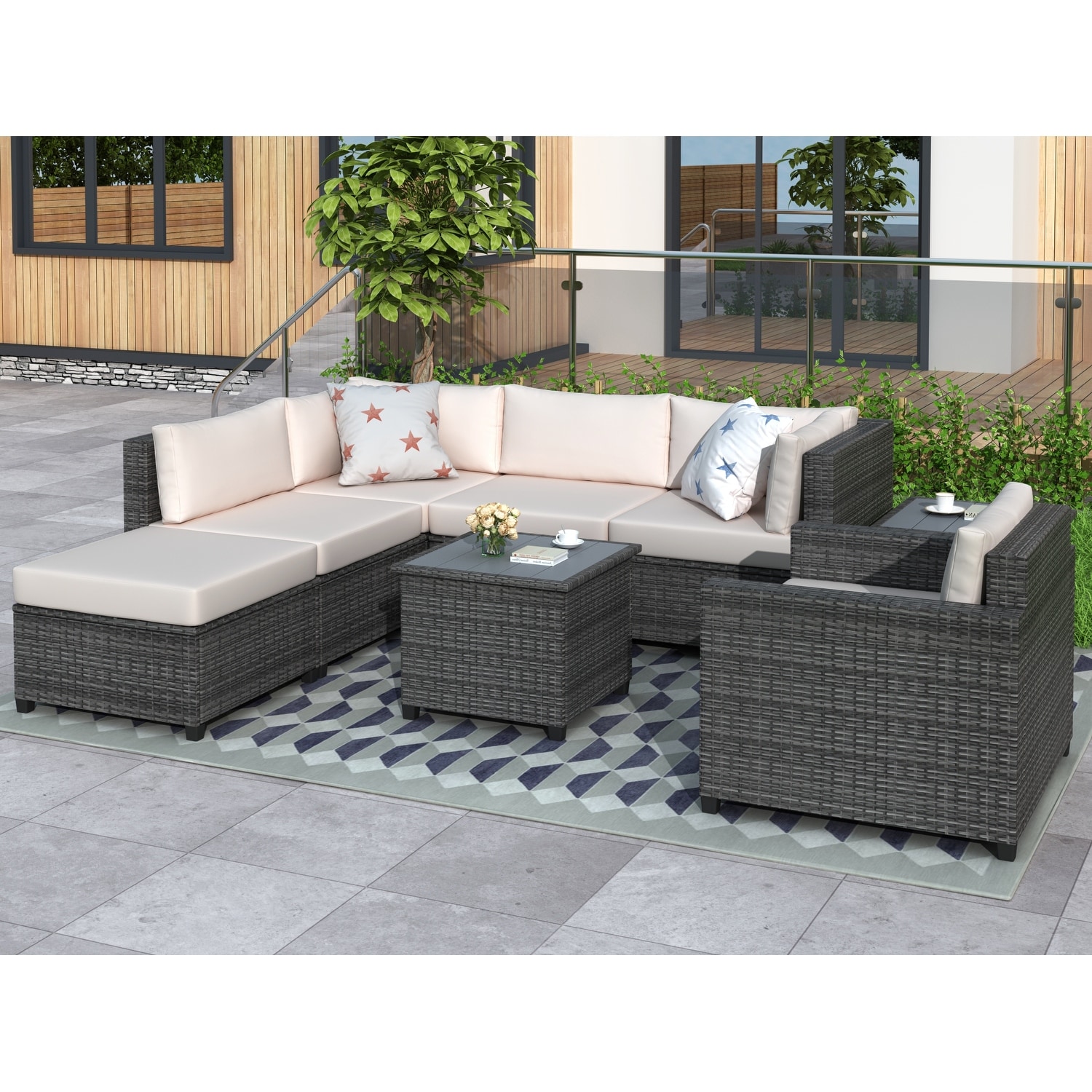8 Piece Rattan Sectional Seating Group With Cushions  Patio Furniture Sets  Outdoor Wicker Sectional