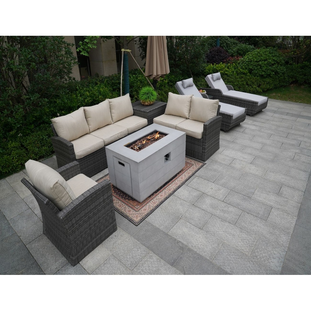 Moda Outdoor Wicker Grey Sofa Set With Fire Pit Table Patio Sectional Furniture(storage Box Is Brown)